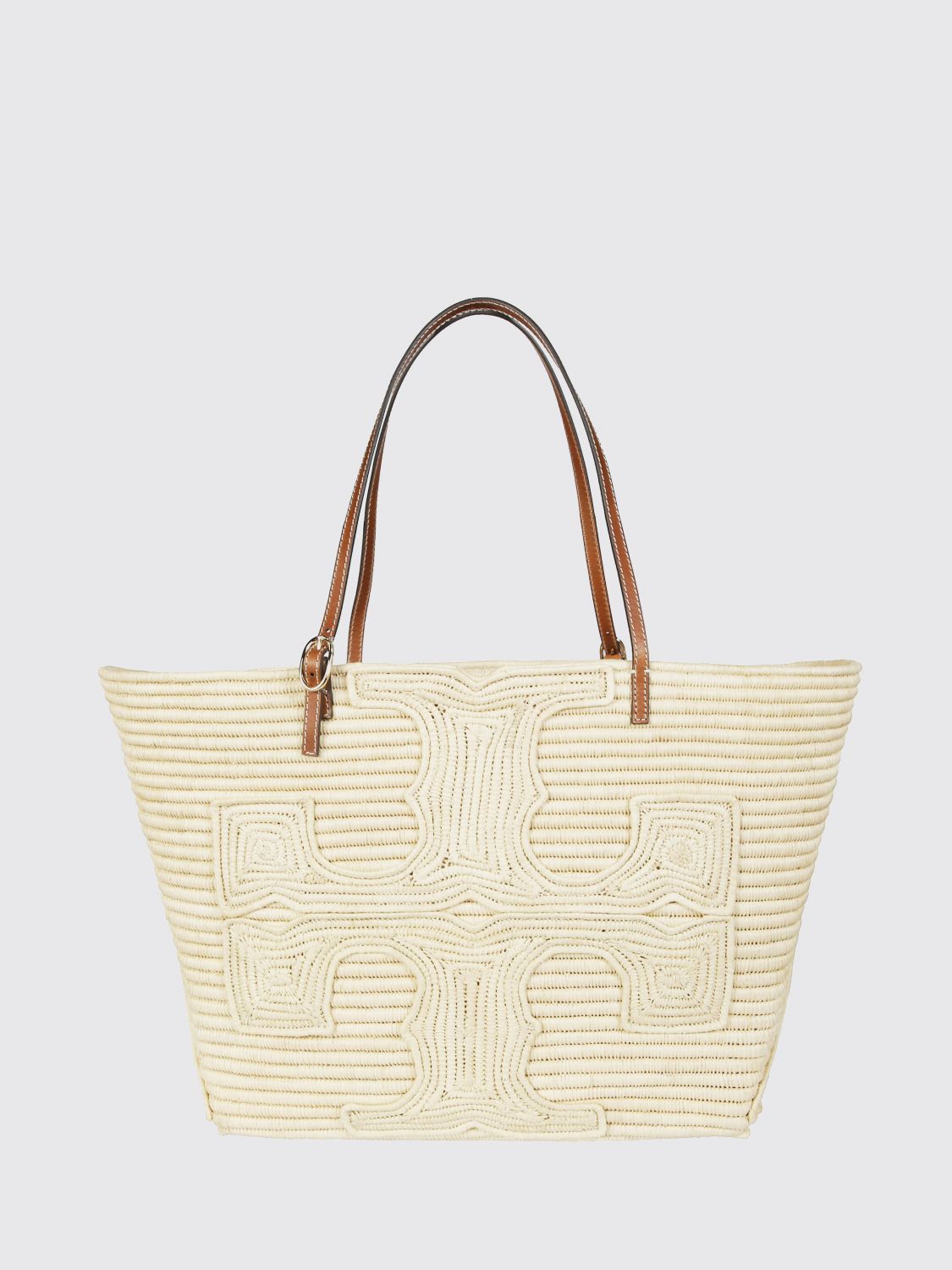 TORY BURCH Ella Crochet Raffia Tote Bag with Embroidered Double T Logo　TORY BURCH エラ クロッシェ ラフィア トートバッグ ダブル T ロゴ刺繍 TORY