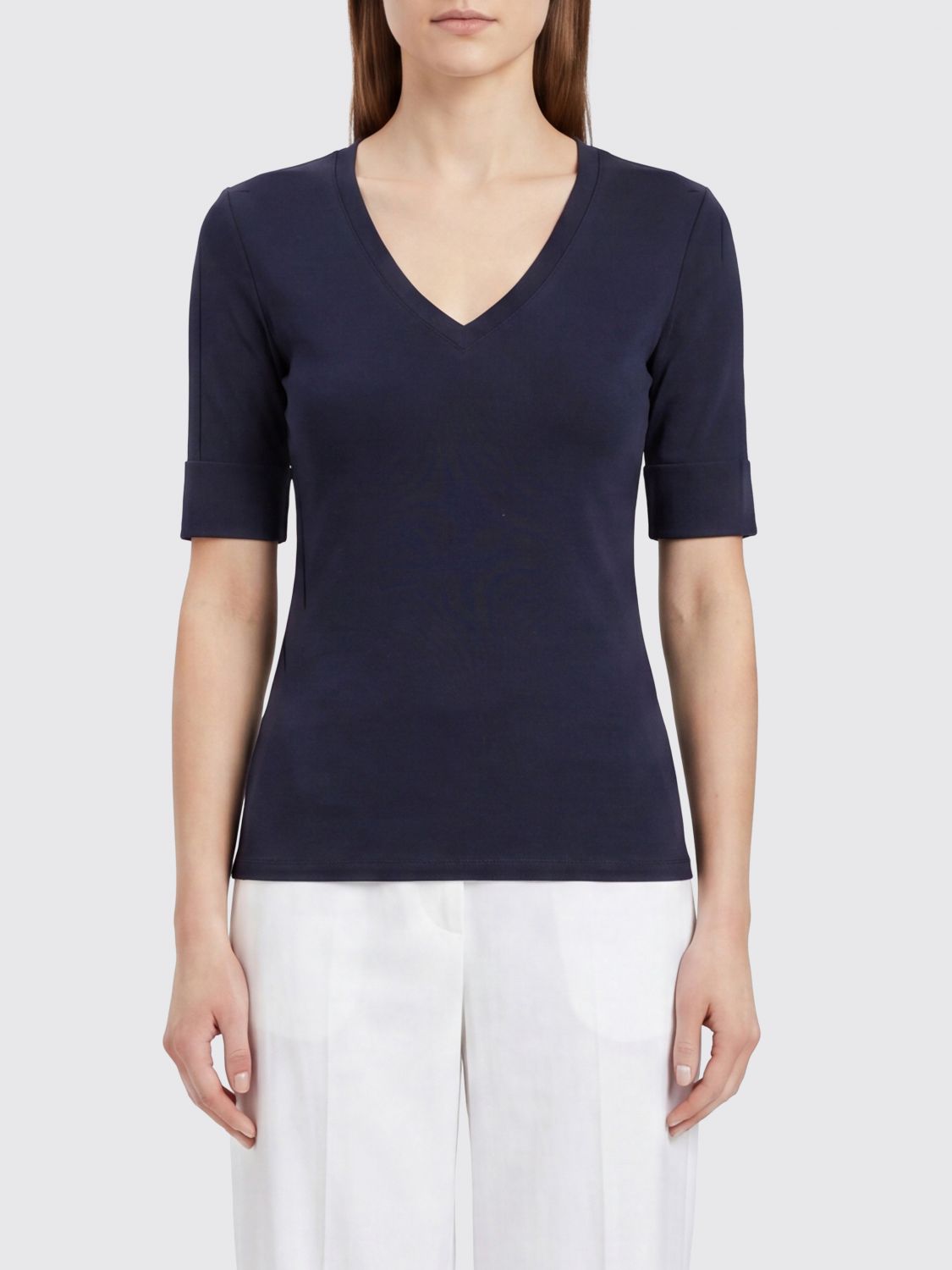 LAUREN RALPH LAUREN T-shirt in cotone stretch con scollo a V