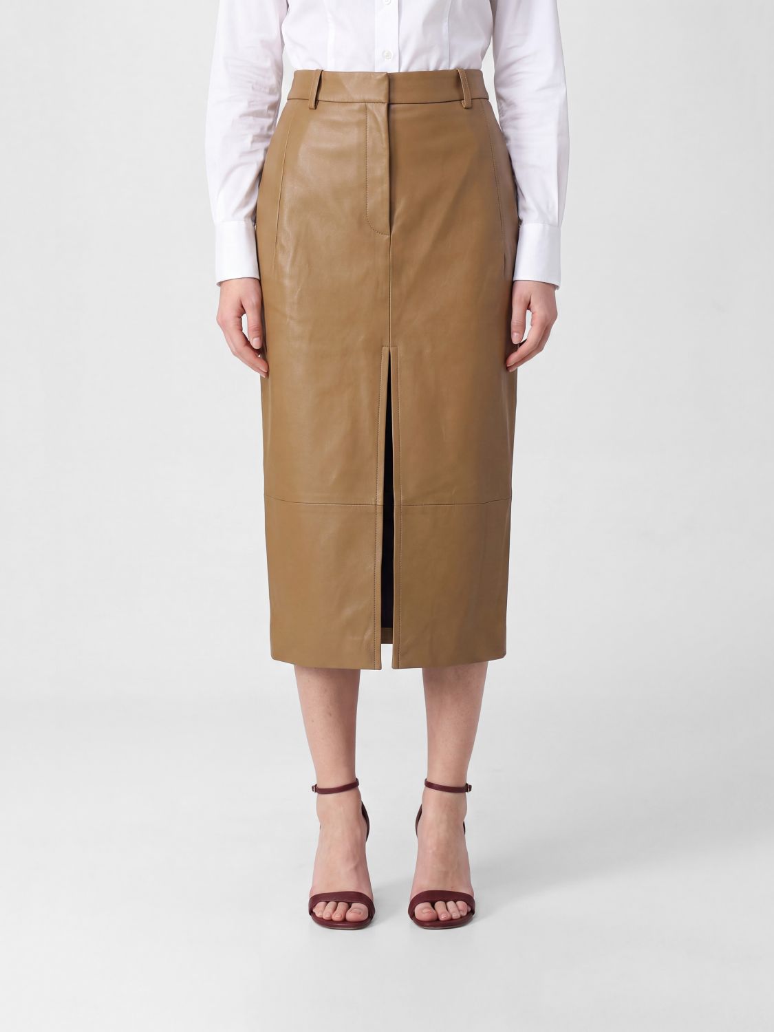 KHAITE Gold Laminated Lambskin Pencil Midi Skirt