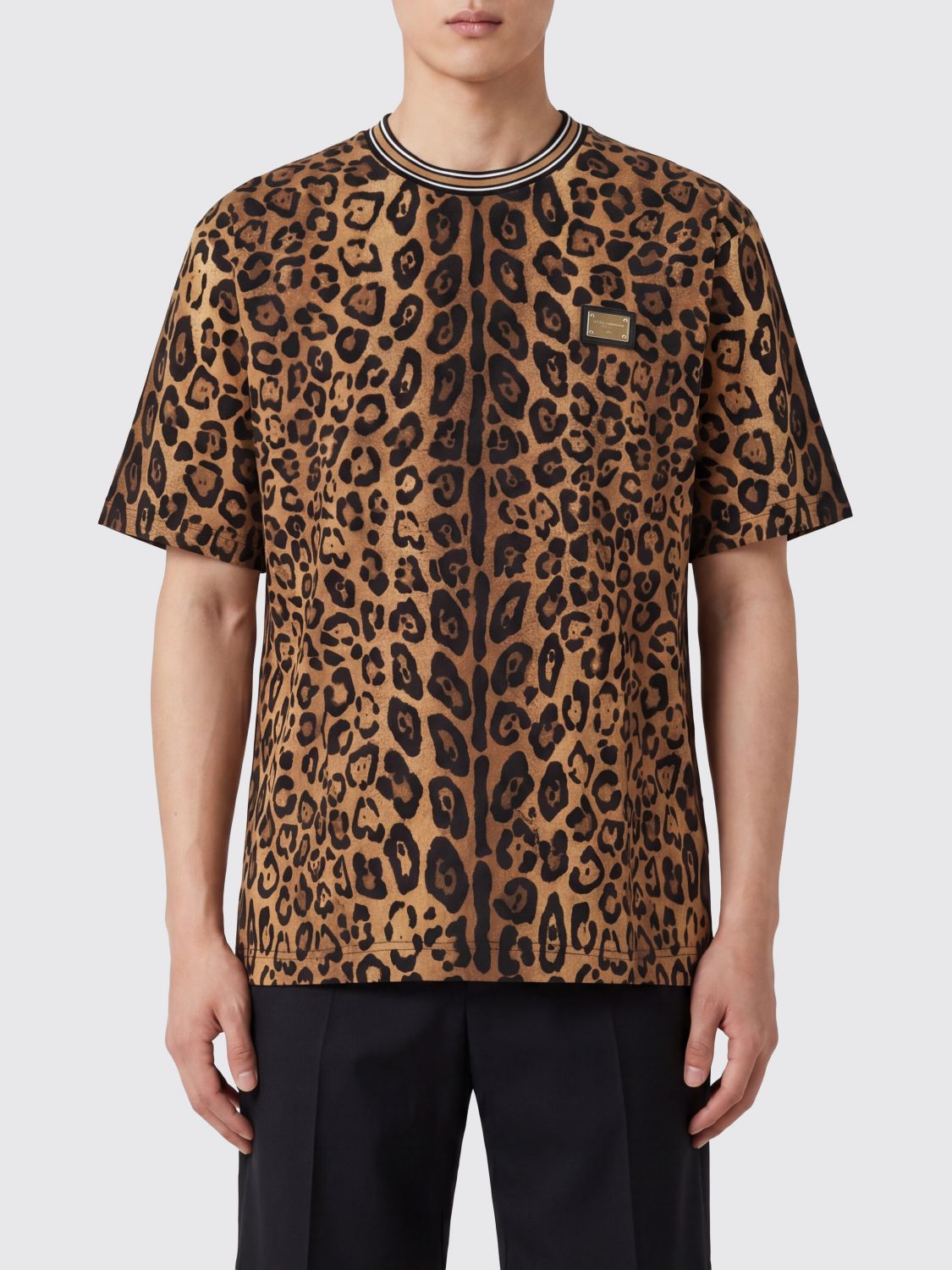 DOLCE & GABBANA T-Shirt aus Baumwolle mit Animal-Print und Kontrastprofilen