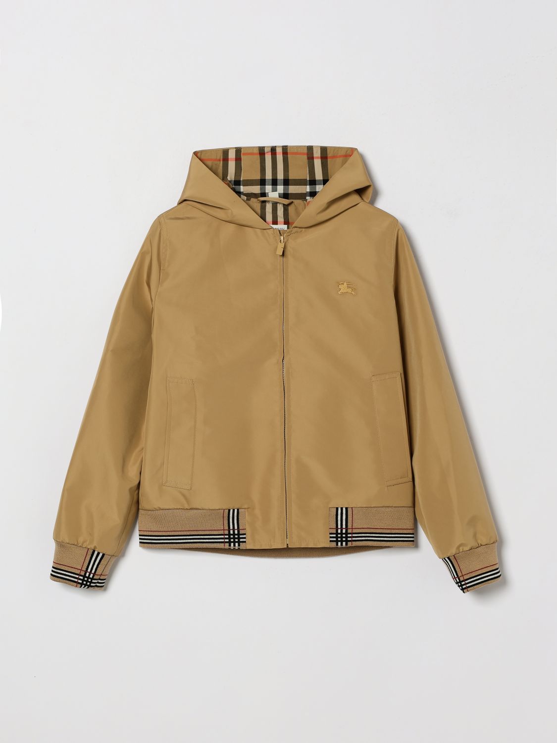 BURBERRY Bomber da bambino in tessuto tecnico con cappuccio e collo a motivo check