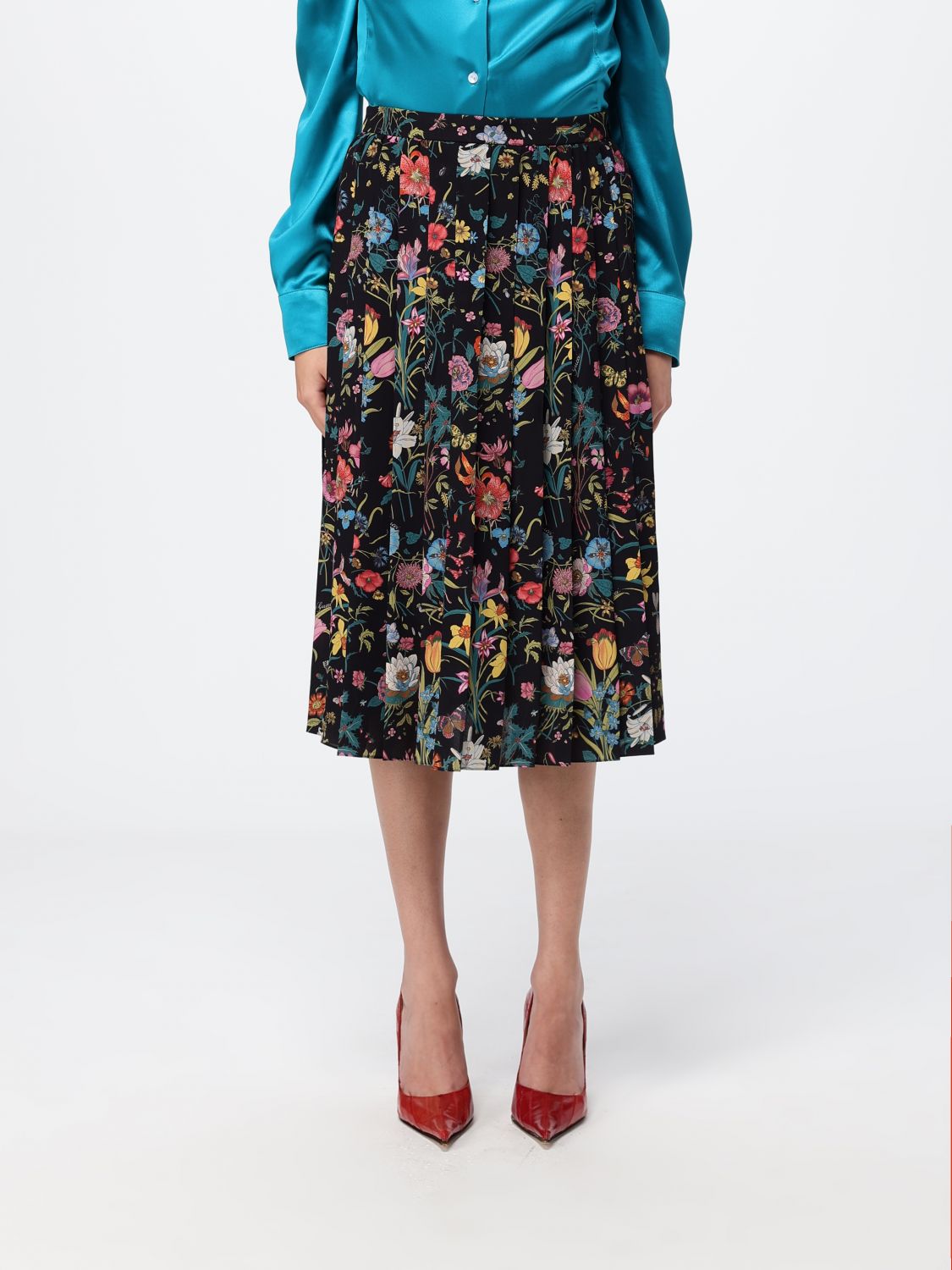 GUCCI Gonna midi in seta plissettata a vita alta con stampa floreale