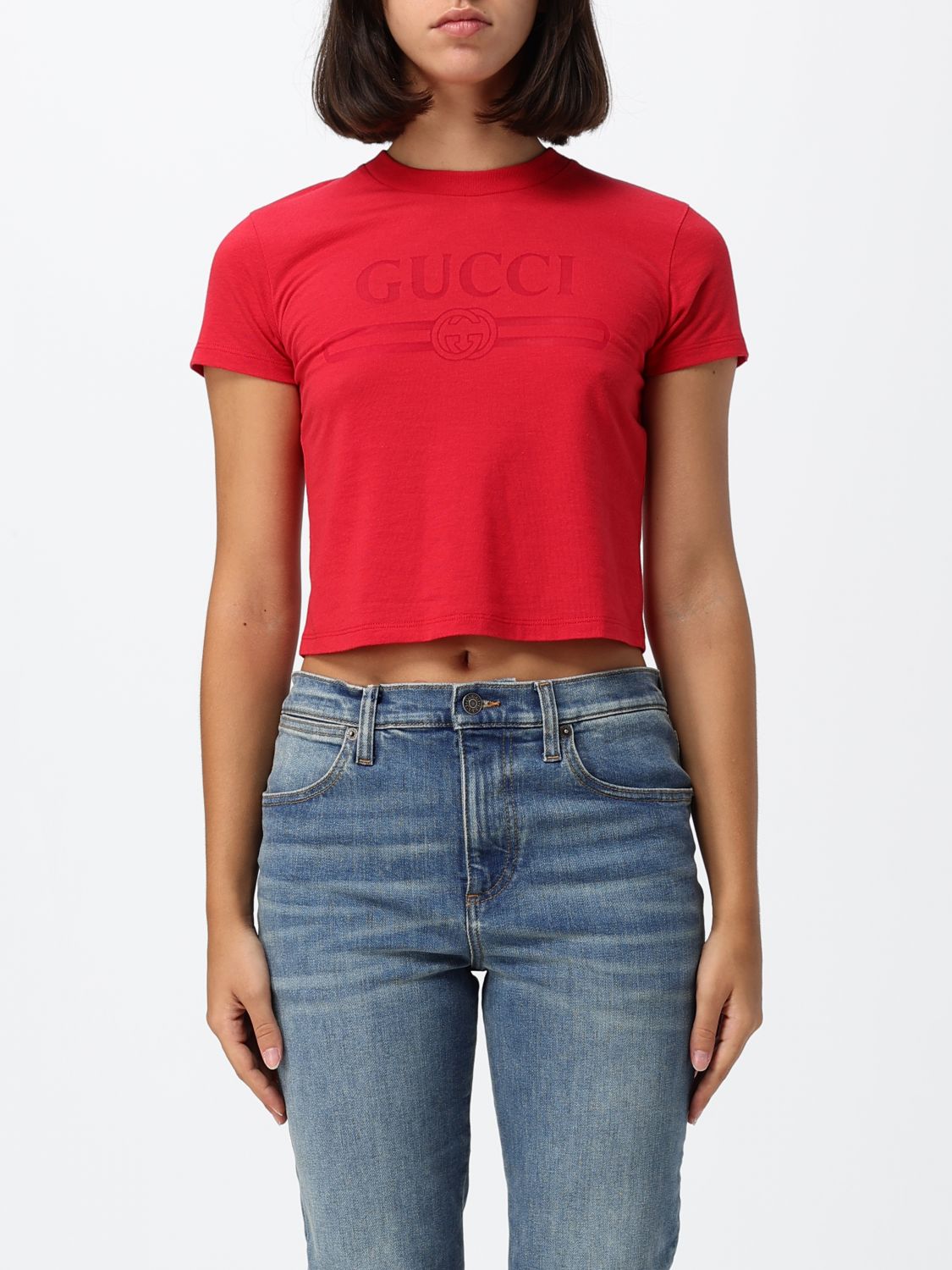 GUCCI T-shirt cropped in cotone con logo stampato e vestibilità slim