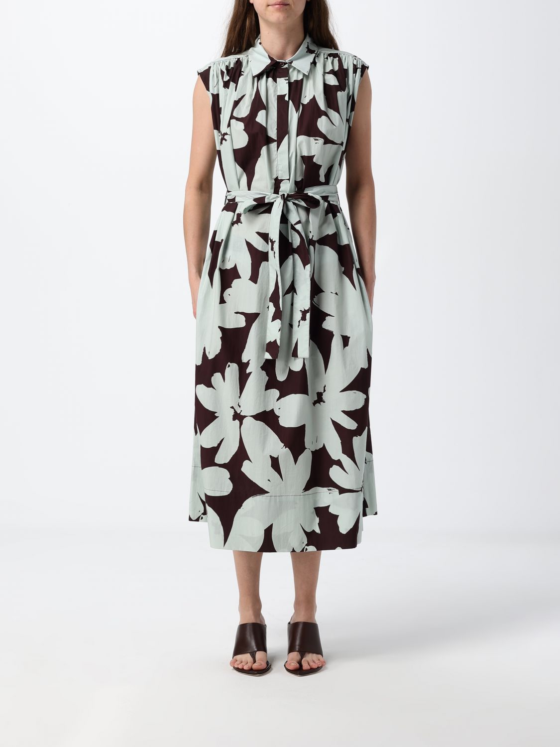 MEIMEIJ Sleeveless Floral Print Cotton Poplin Midi Shirt Dress