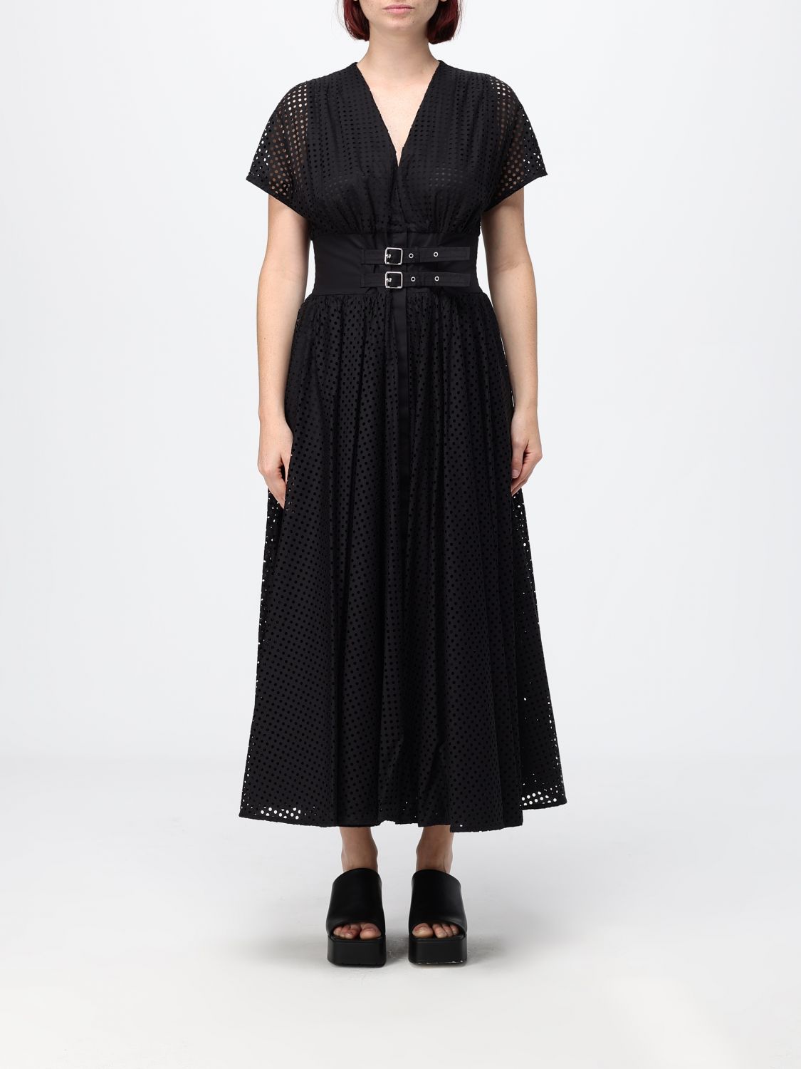MEIMEIJ Abito midi A-line in cotone traforato con cintura