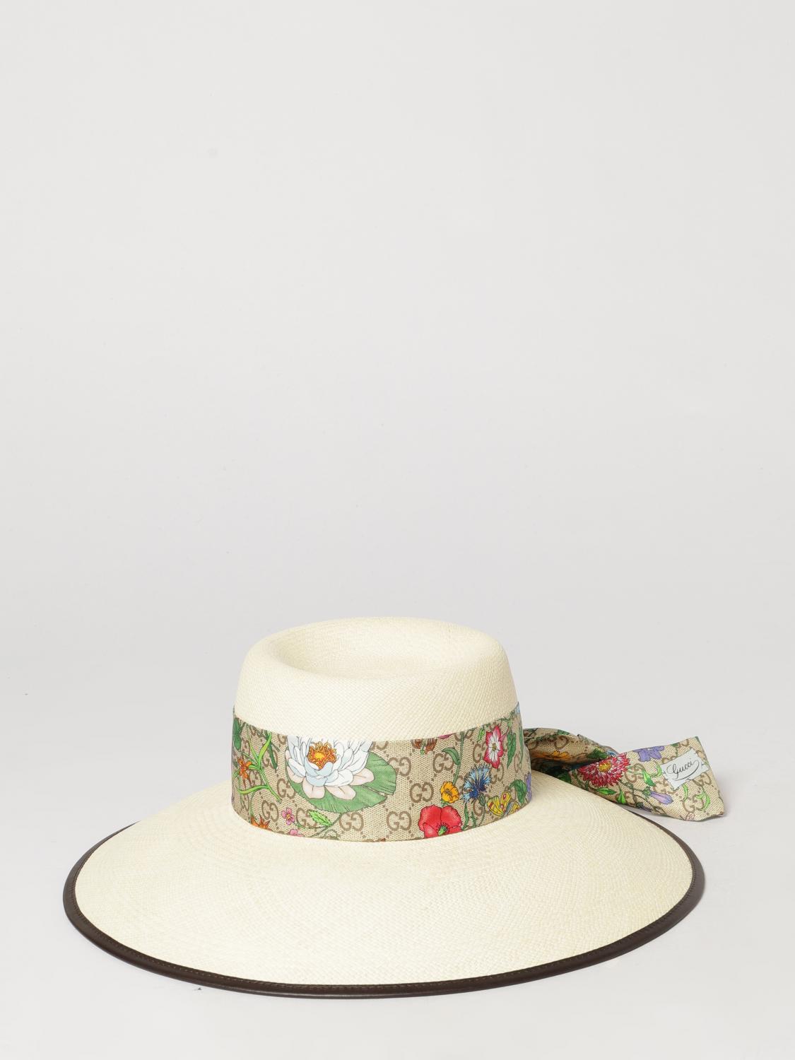 GUCCI Cappello Panama in rafia con nastro in twill di seta floreale