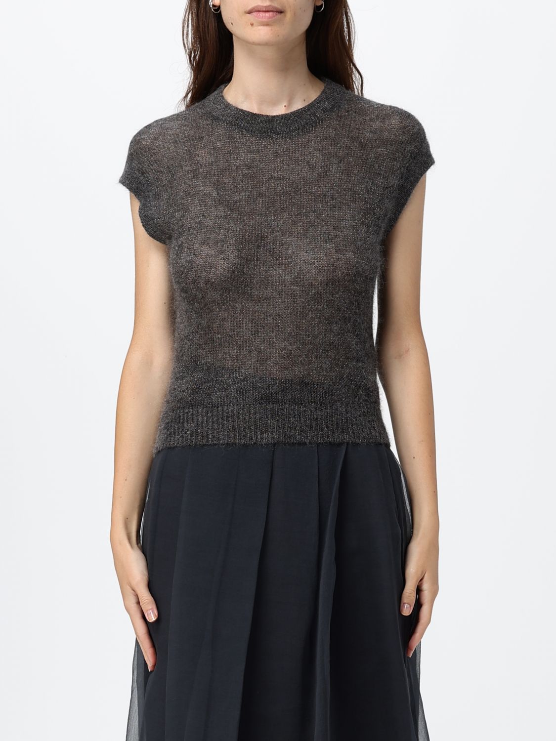 BRUNELLO CUCINELLI Top smanicato in lana a girocollo con spalle cadute