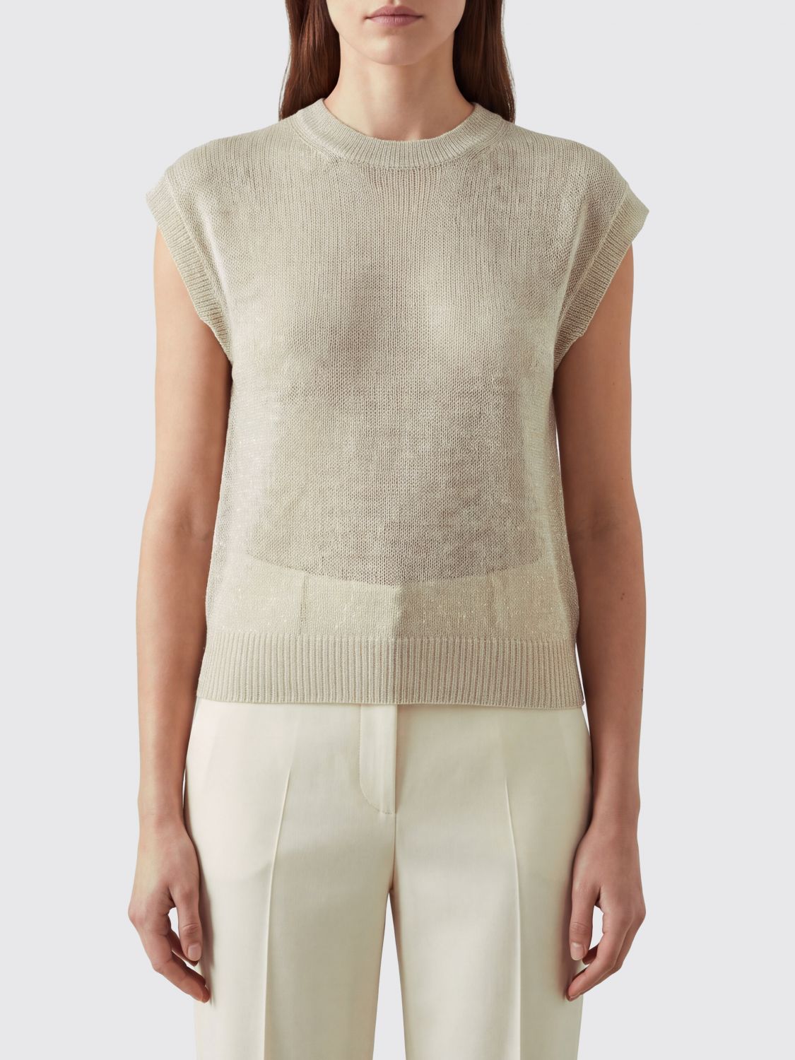 BRUNELLO CUCINELLI Sleeveless Wool Crewneck Top with Dropped Shoulders