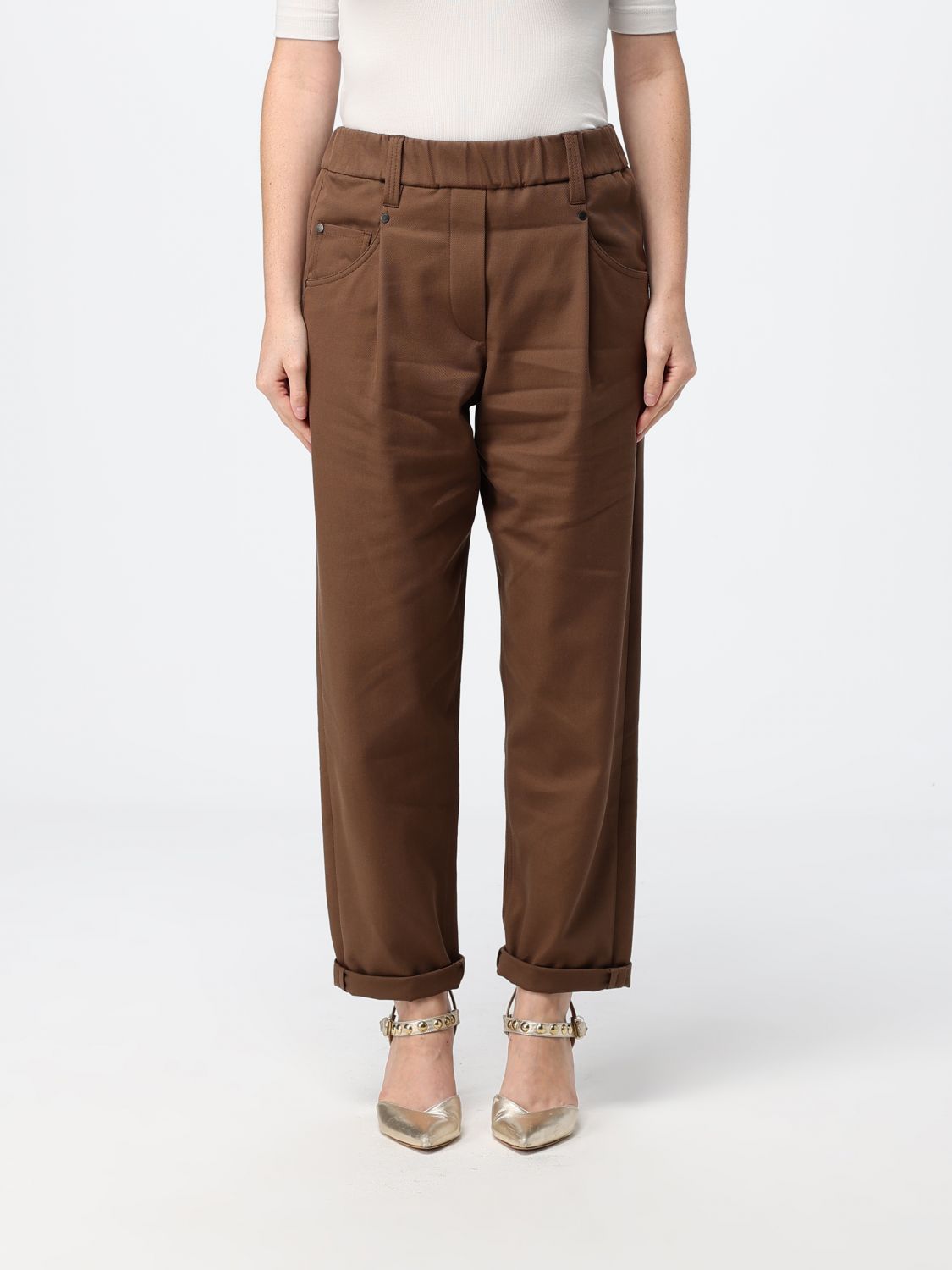 BRUNELLO CUCINELLI Pantaloni cropped in cotone a gamba larga
