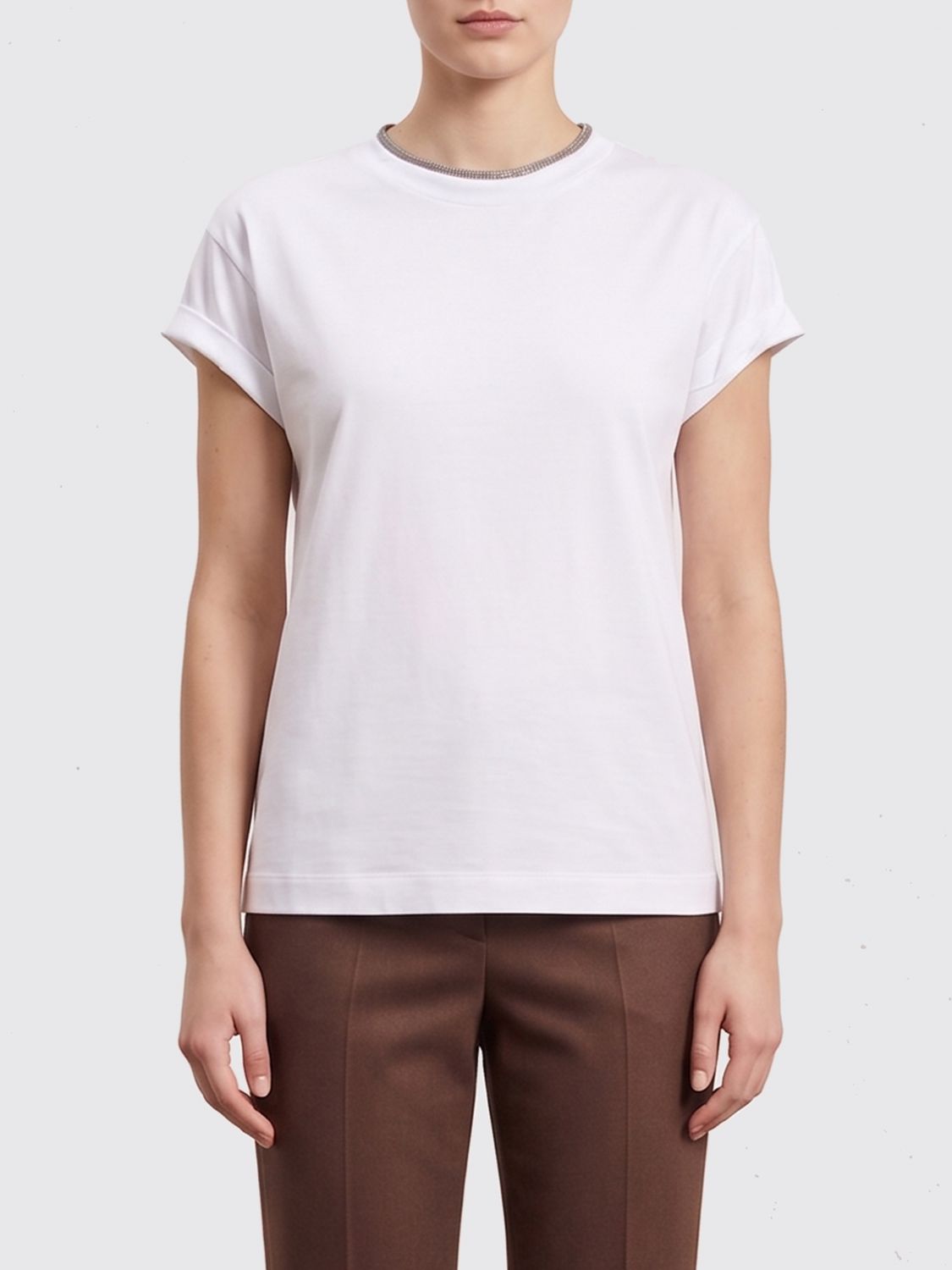 BRUNELLO CUCINELLI Kurzarm-T-Shirt aus Baumwolle mit Monili-Stickerei