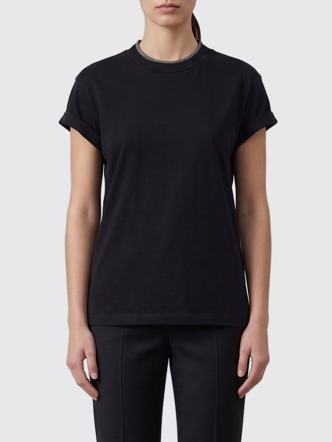 BRUNELLO CUCINELLI Short-Sleeved Cotton T-Shirt with Monili Embroidery