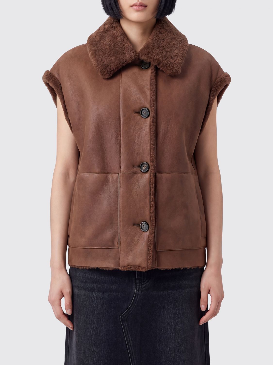 Brunello Cucinelli Sleeveless Fur and Leather Vest with a High Collar