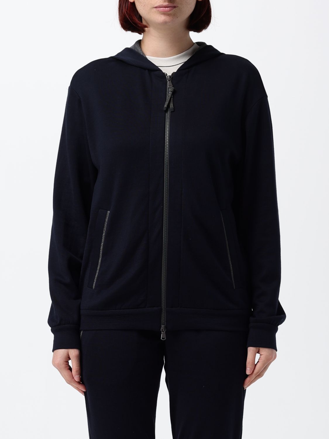BRUNELLO CUCINELLI Felpa con cappuccio e zip in cotone con monile