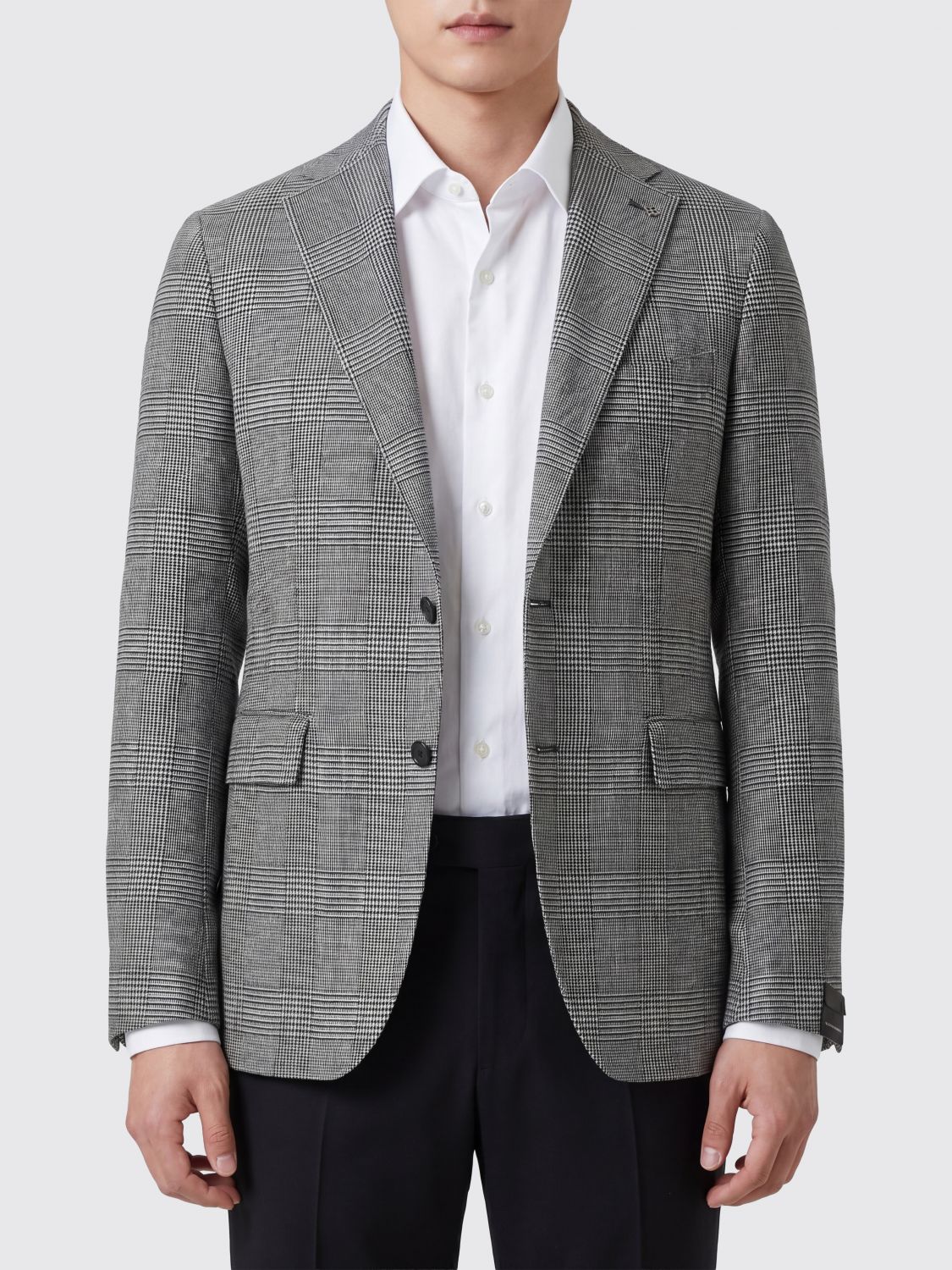 TAGLIATORE Prince of Wales Check Linen and Cotton Single-Breasted Blazer TAGLIATORE