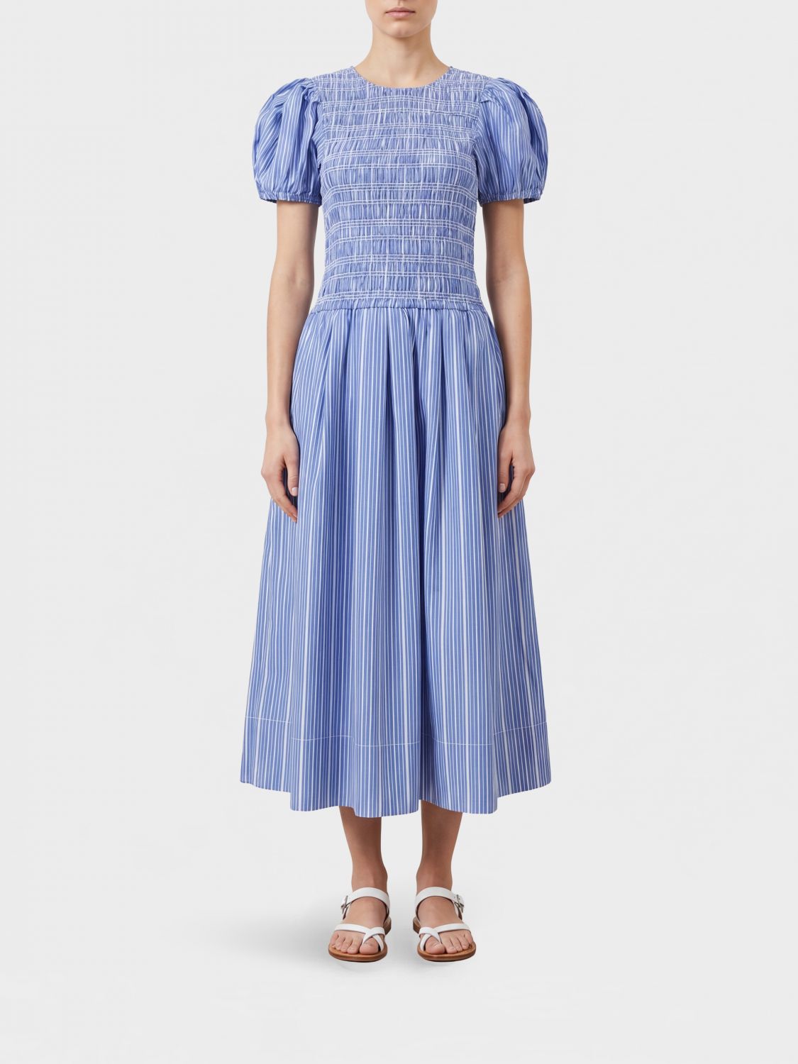GANNI Striped Cotton Midi Dress with Puff Sleeves