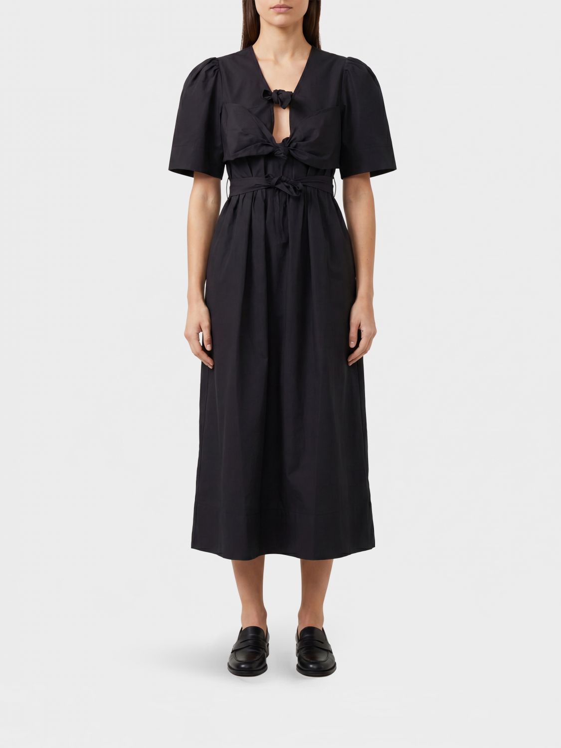 GANNI Stretch Cotton Midi Shirt Dress with Puff Sleeves and V-Neck