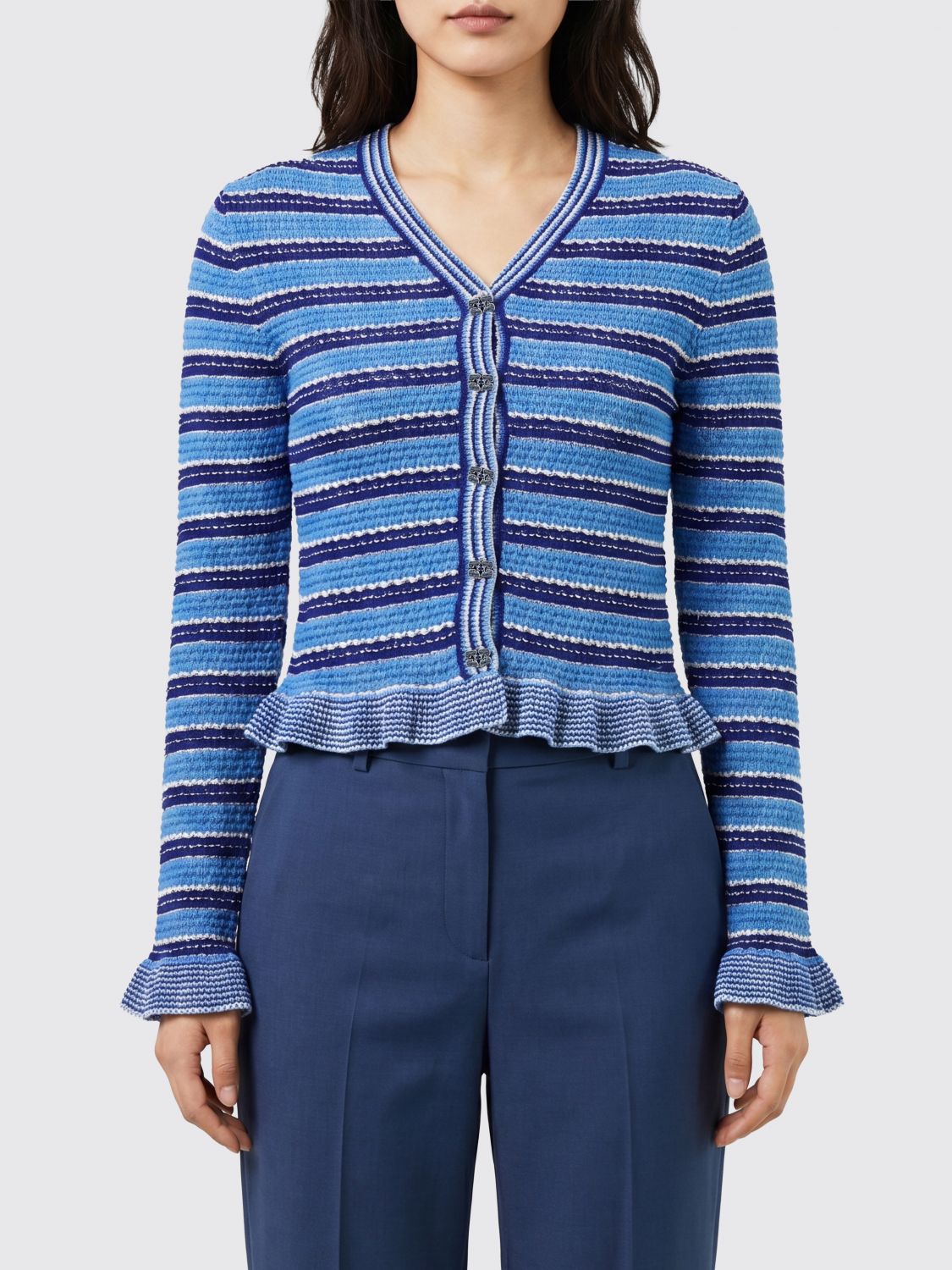GANNI Striped Slim Fit Cotton Cardigan with V-Neck