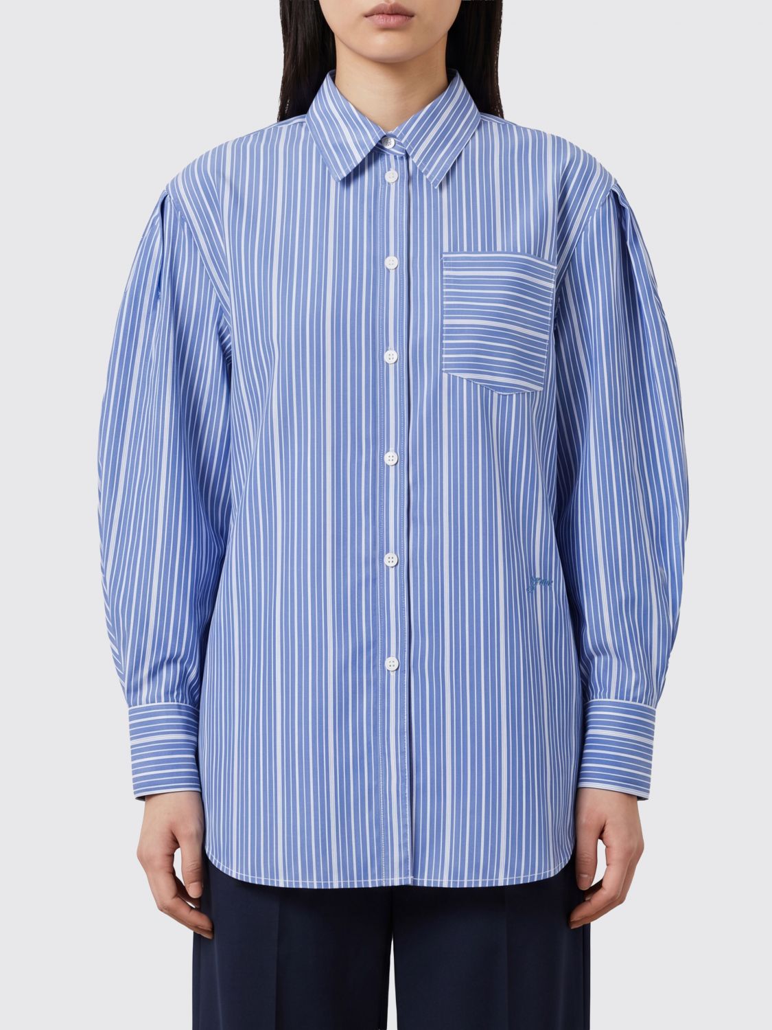 GANNI Camicia in cotone a righe con maniche a palloncino e collo classico