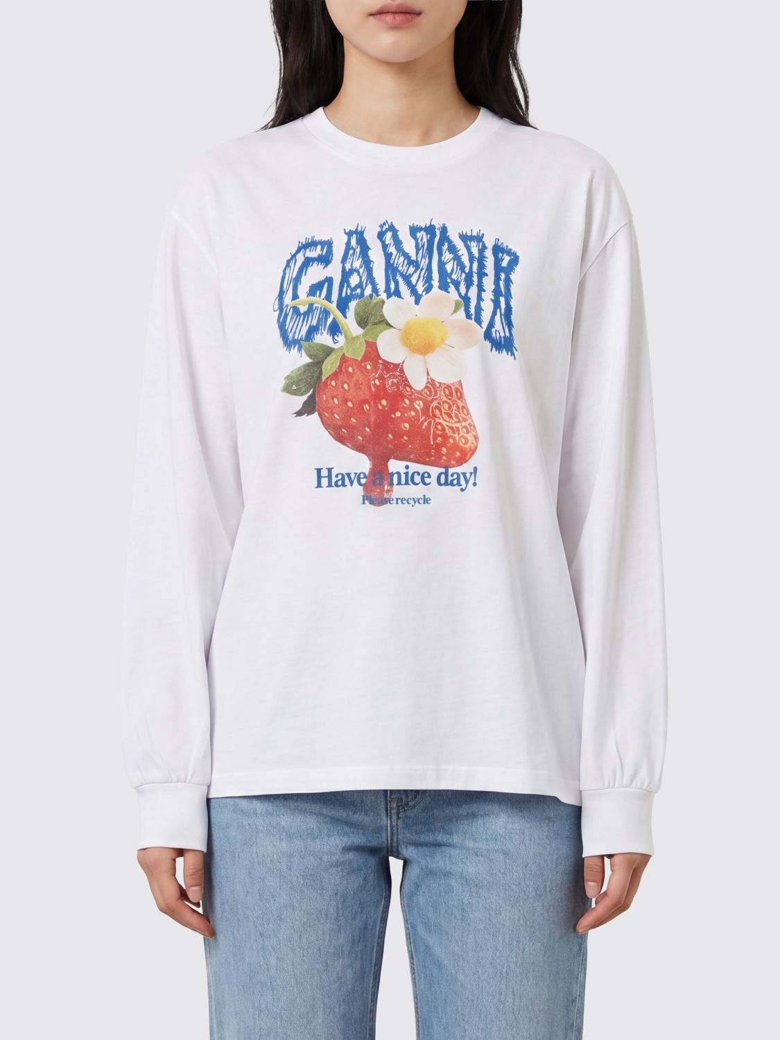 GANNI Relaxed Fit Cotton Jumper with Contrast Logo