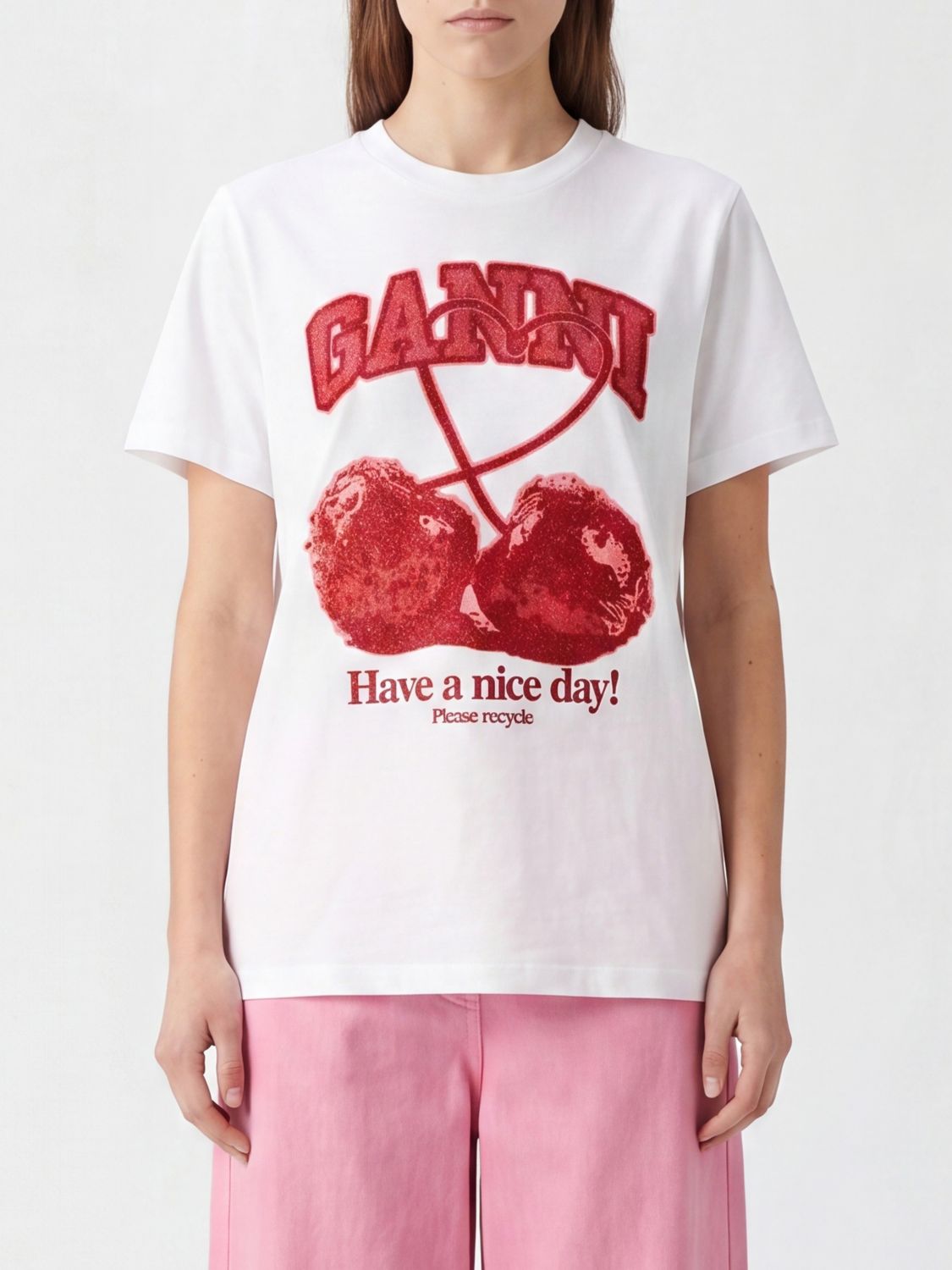 GANNI Crew Neck Cotton T-shirt with Contrast Logo Print