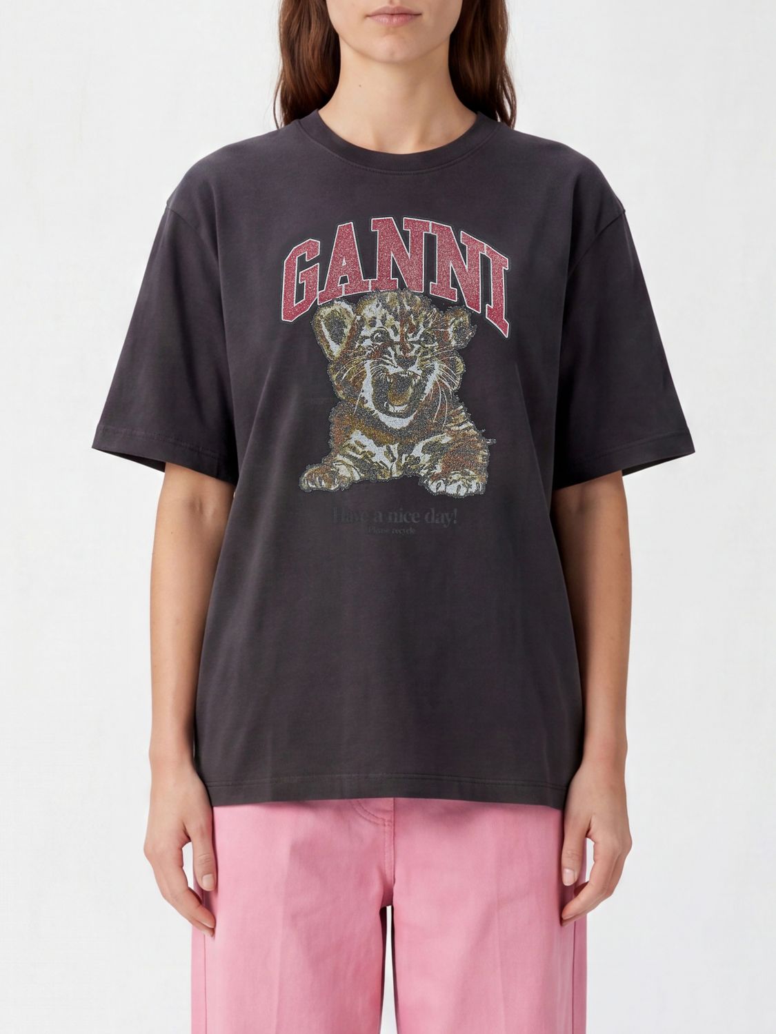 GANNI Crew Neck Cotton T-shirt with Front Maxi Logo
