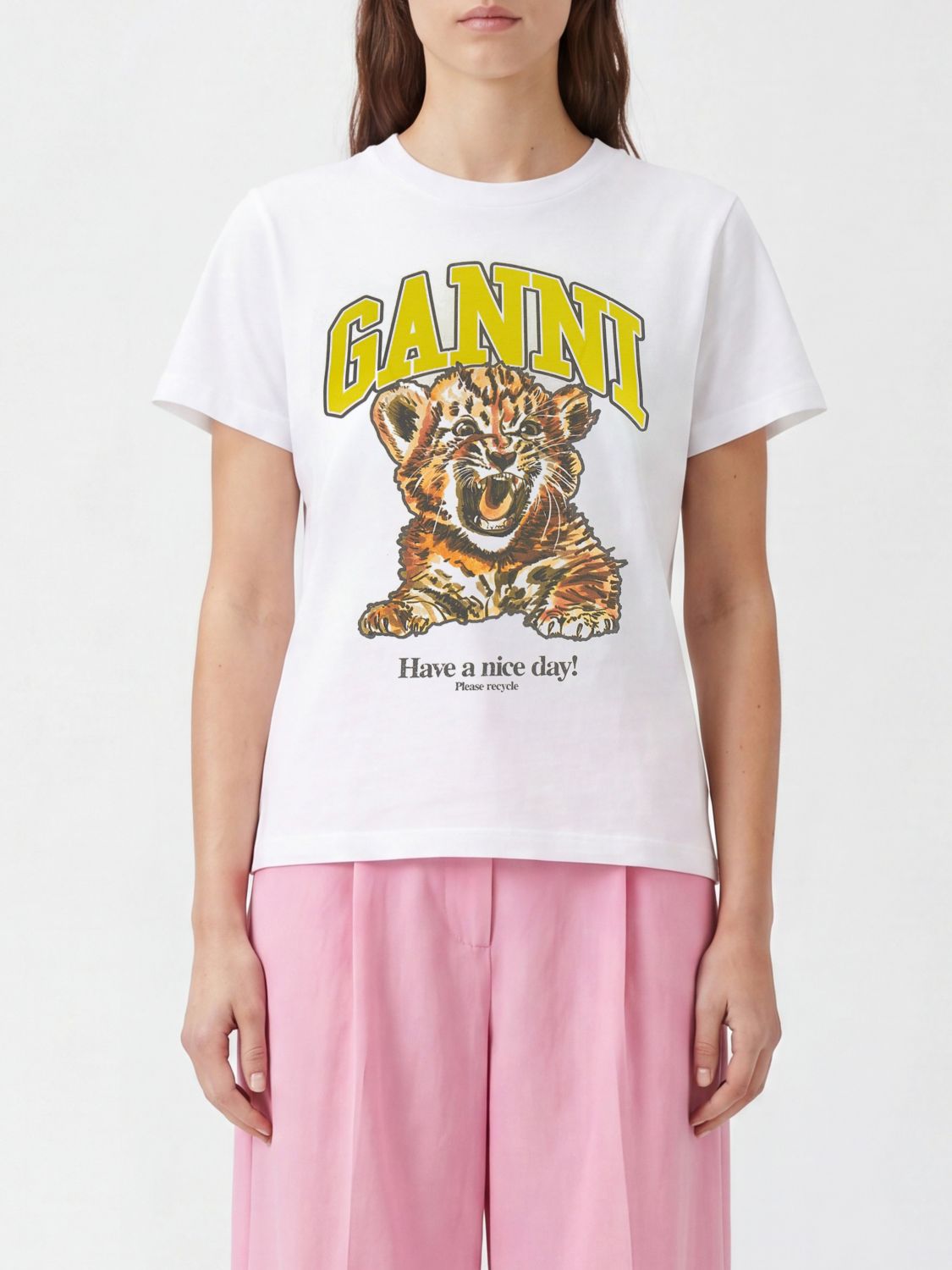 GANNI Crew Neck Cotton T-shirt with Contrast Logo Print