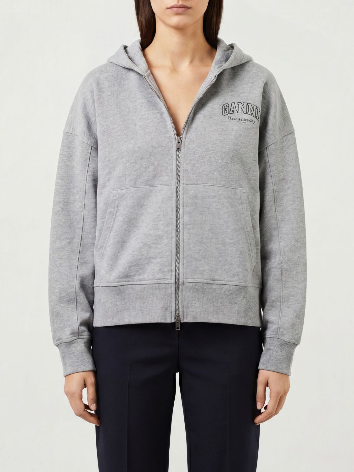 GANNI Relaxed Fit Hooded Zip-Up Sweatshirt in Cotton with Contrast Logo　GANNI リラックスフィット フード付き ジップアップ スウェットシャツ コットン コントラストロゴ付き GANNI