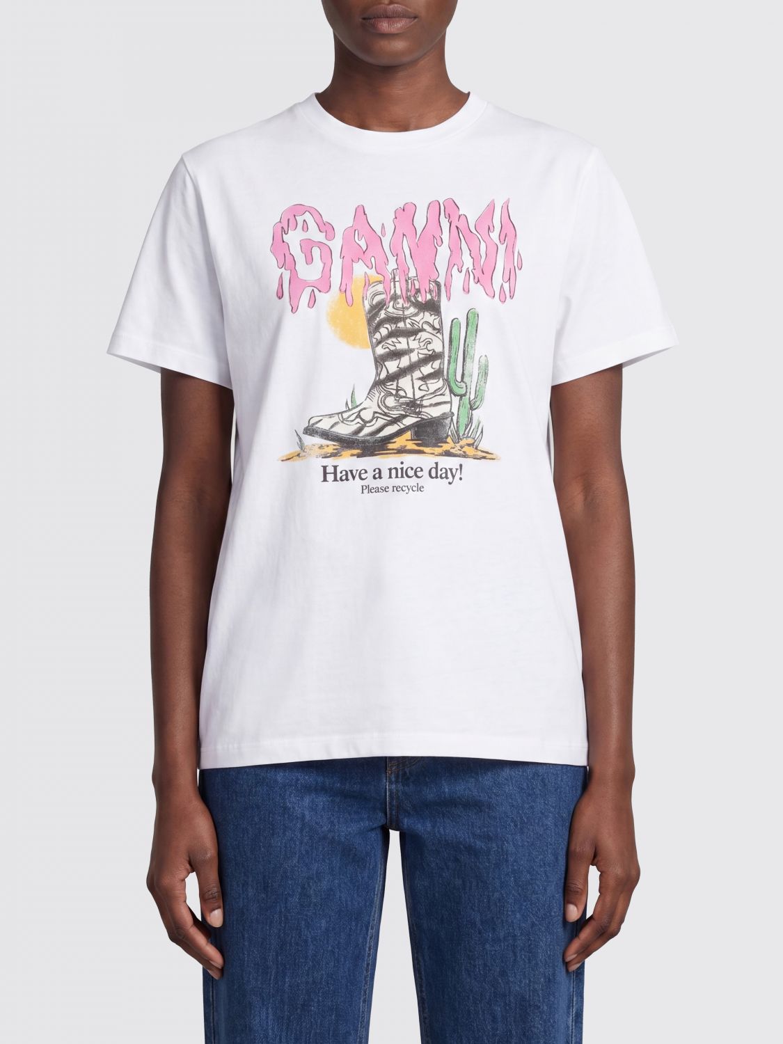GANNI Slim Fit Cotton T-Shirt with Graffiti Logo Print