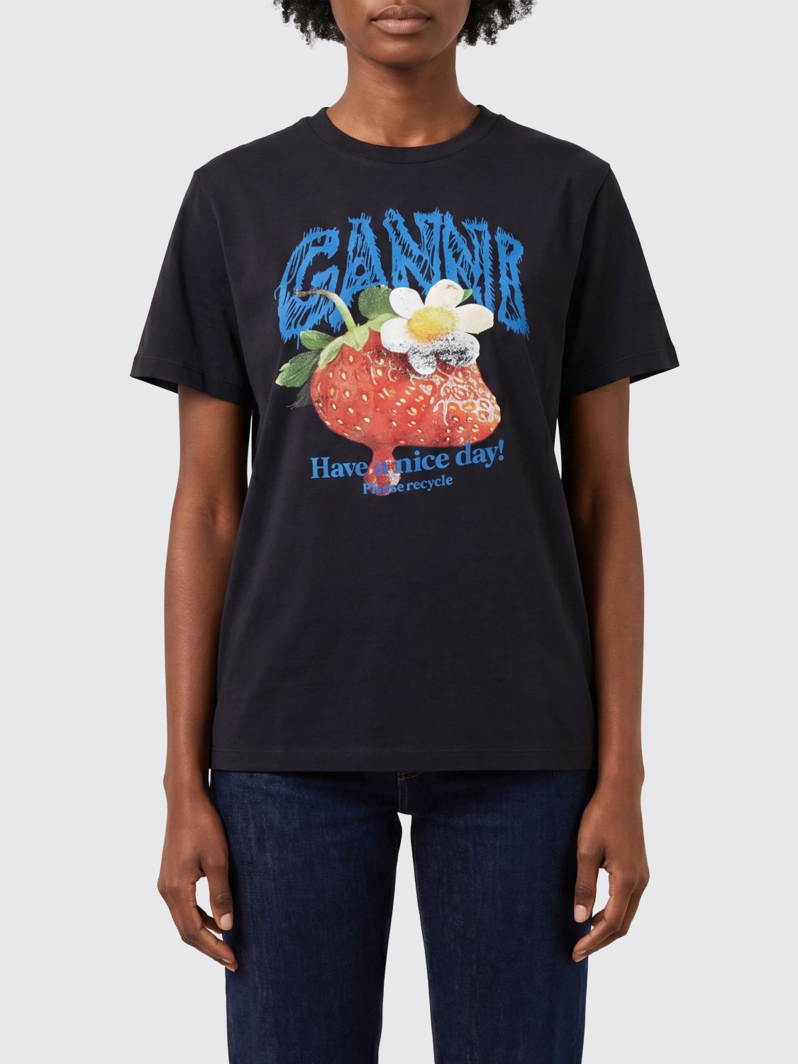 GANNI Slim Fit Cotton T-Shirt with Fruit Logo Print