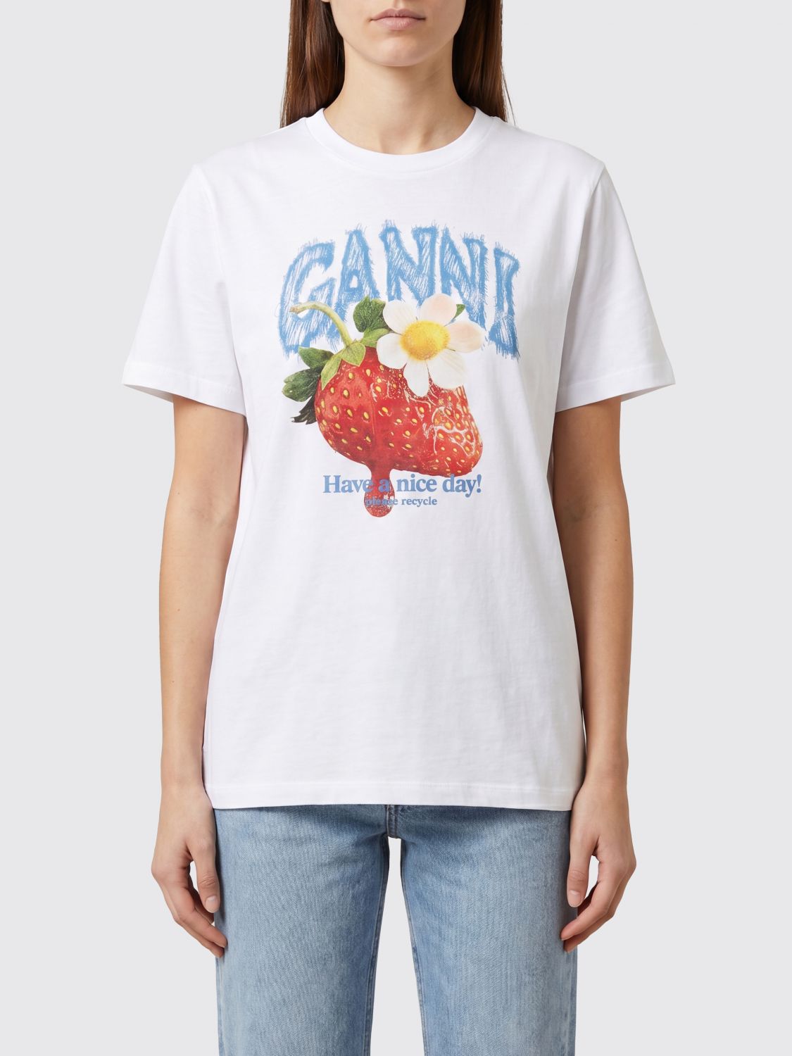 GANNI Slim Fit T-Shirt in White Cotton with Fruit Logo Print