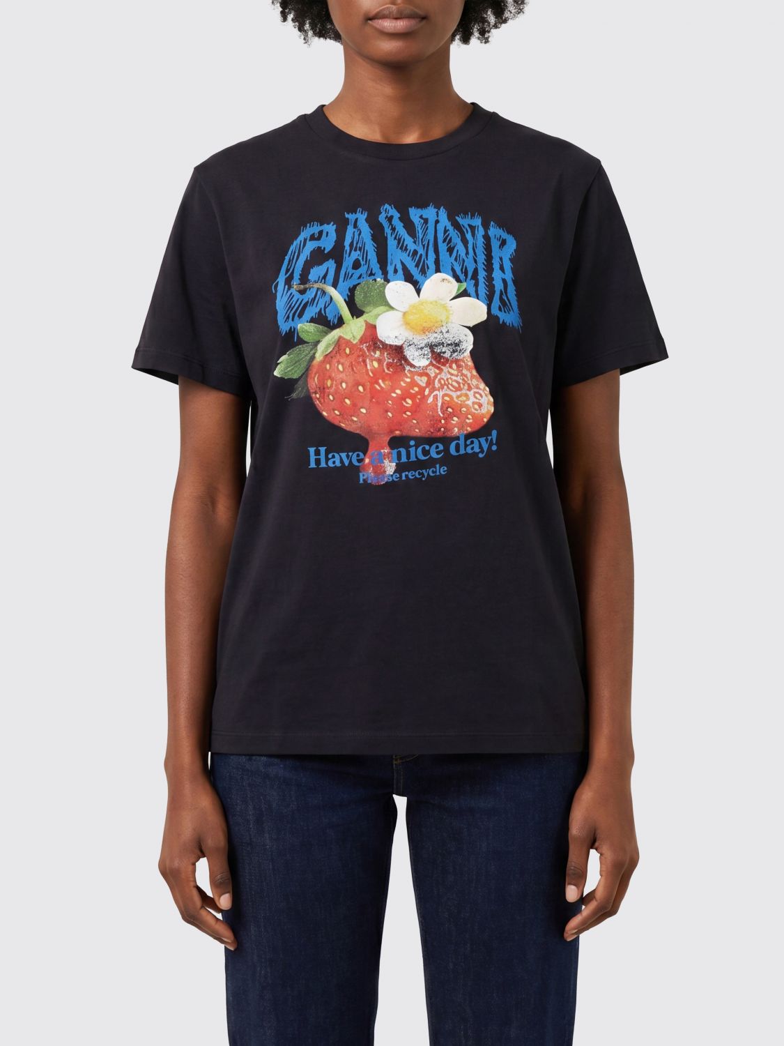 GANNI Slim Fit Cotton T-Shirt with Fruit Logo Print