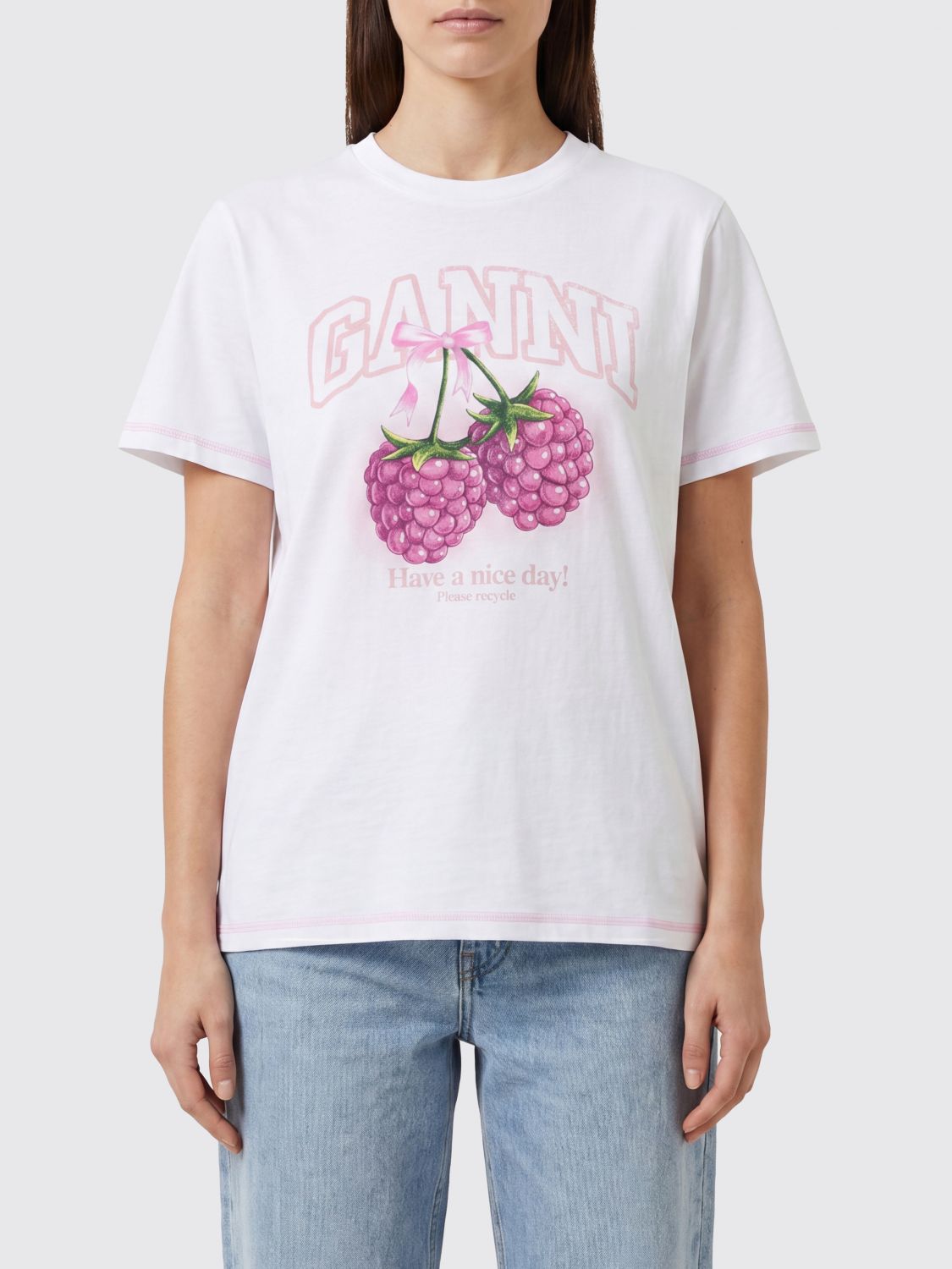 GANNI Slim Fit T-Shirt in White Cotton with Fruit Logo Print
