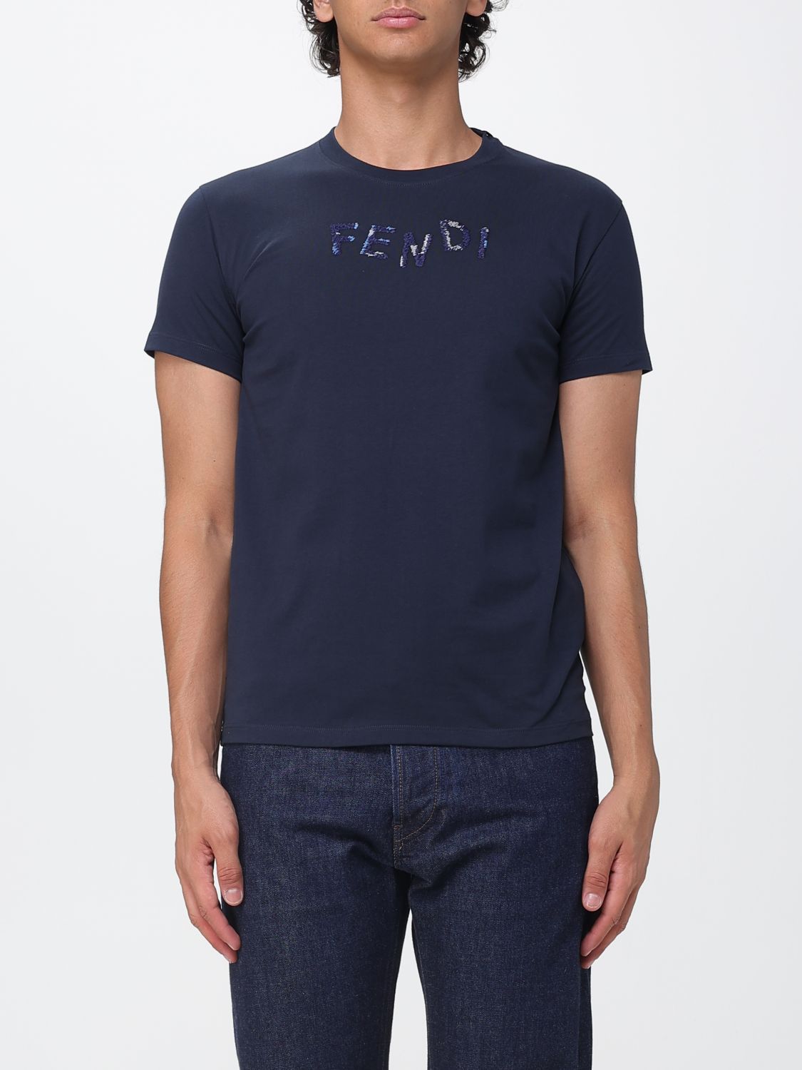 FENDI Slim Fit Cotton T-shirt with Contrast Embroidered Logo