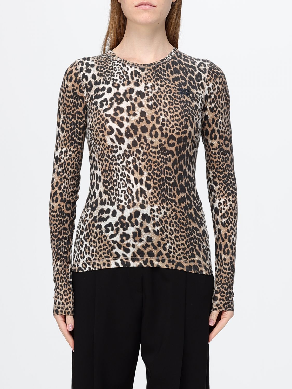 GANNI Long-Sleeved Animal Print Cotton T-shirt with a Crew Neck