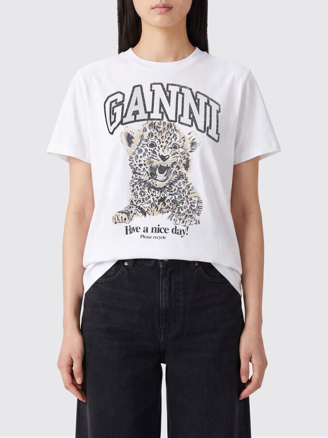 GANNI Crewneck Cotton T-shirt with Graphic Logo Print　GANNI グラフィックロゴプリント クルーネック コットン T シャツ GANNI