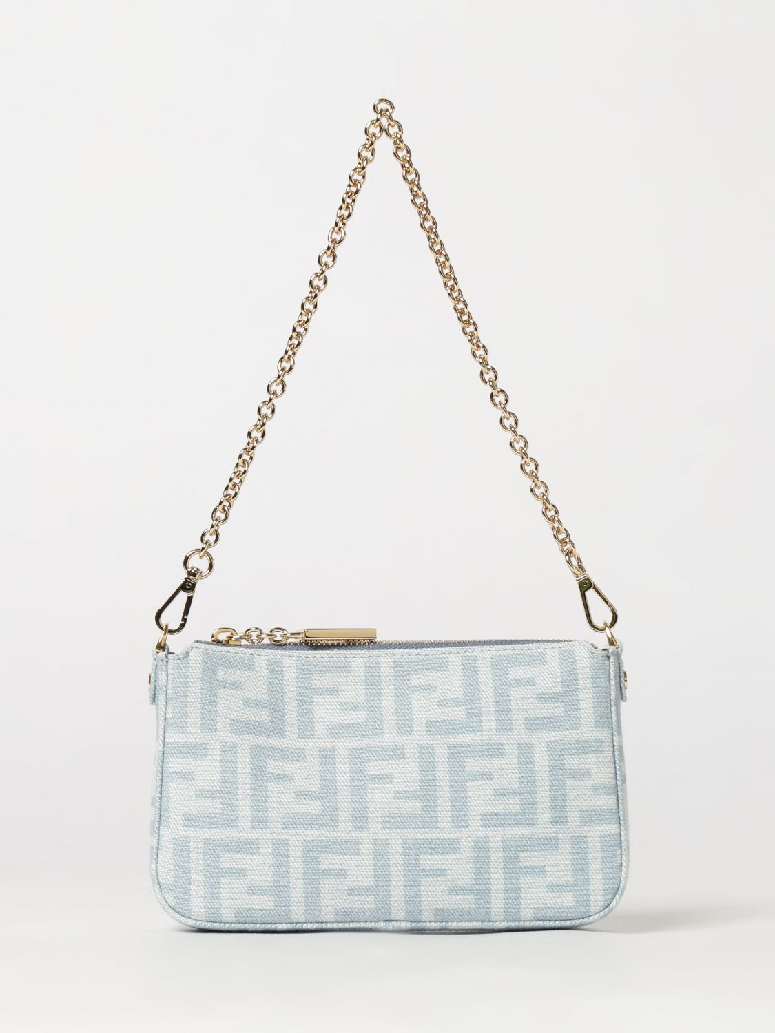 FENDI Mini Baguette Tasche aus Denim mit FF-Monogramm und abnehmbarem Riemen
