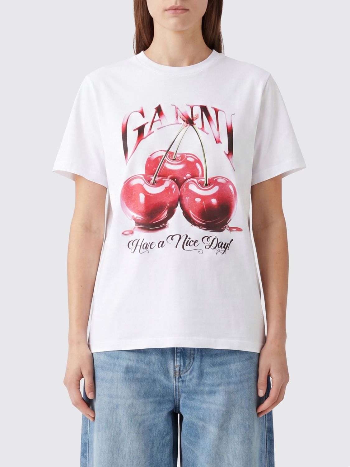 GANNI Fruit and Logo Print Cotton T-Shirt　GANNI フルーツとロゴ プリント コットン T シャツ GANNI