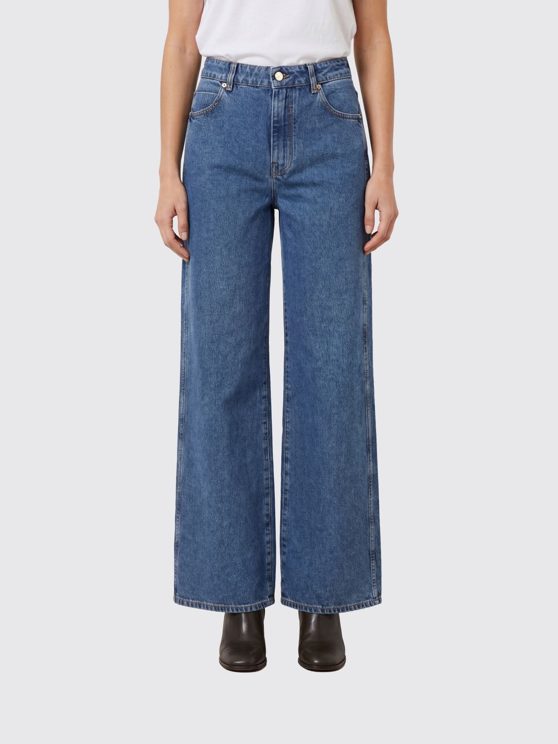 BALMAIN High-Waisted Wide Leg Jeans in Cotton Denim with Five Pockets
