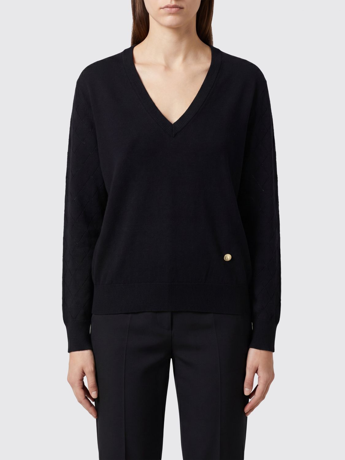 BALMAIN V-Neck Jumper in Pure Merino Wool with an Applied Logo