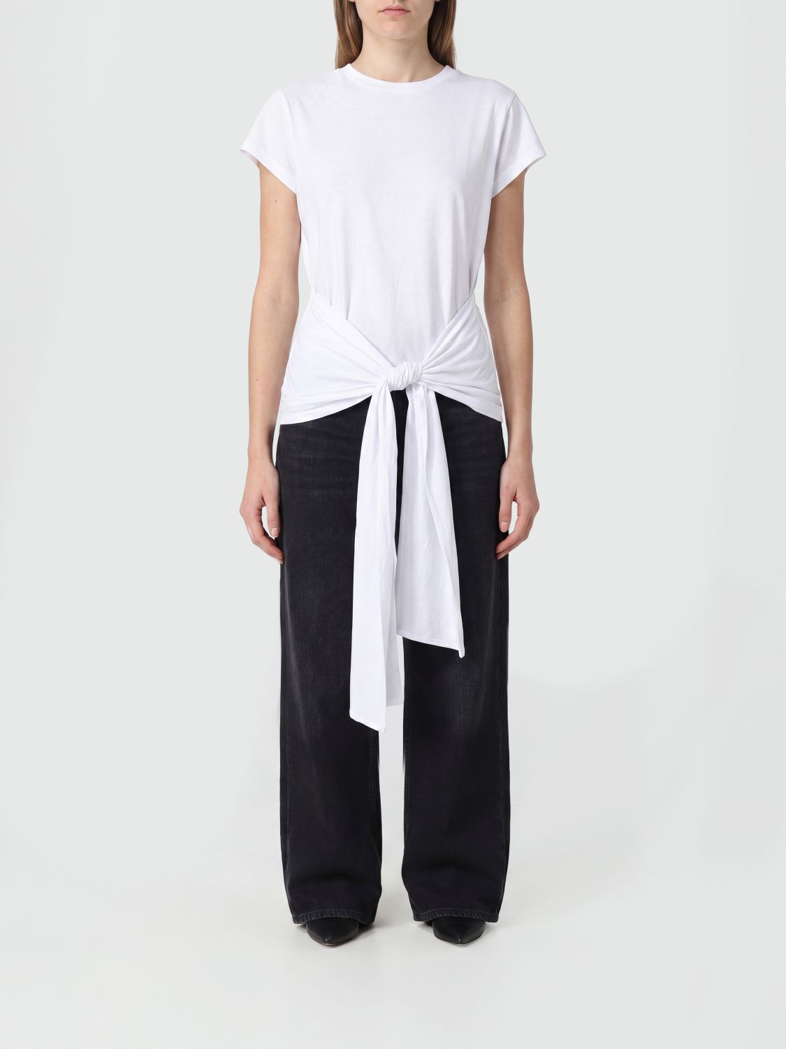 TOTEME Long Cotton Crewneck T-shirt with Tie-Waist Sash Belt