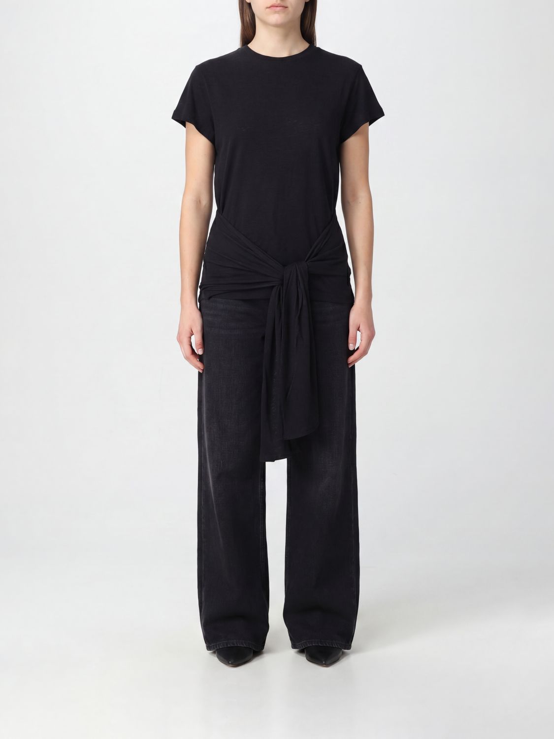 TOTEME Long Cotton Crewneck T-shirt with Tie-Waist Sash Belt　TOTEME タイウエストサッシュベルト付きロングコットンクルーネックTシャツ TOTEME