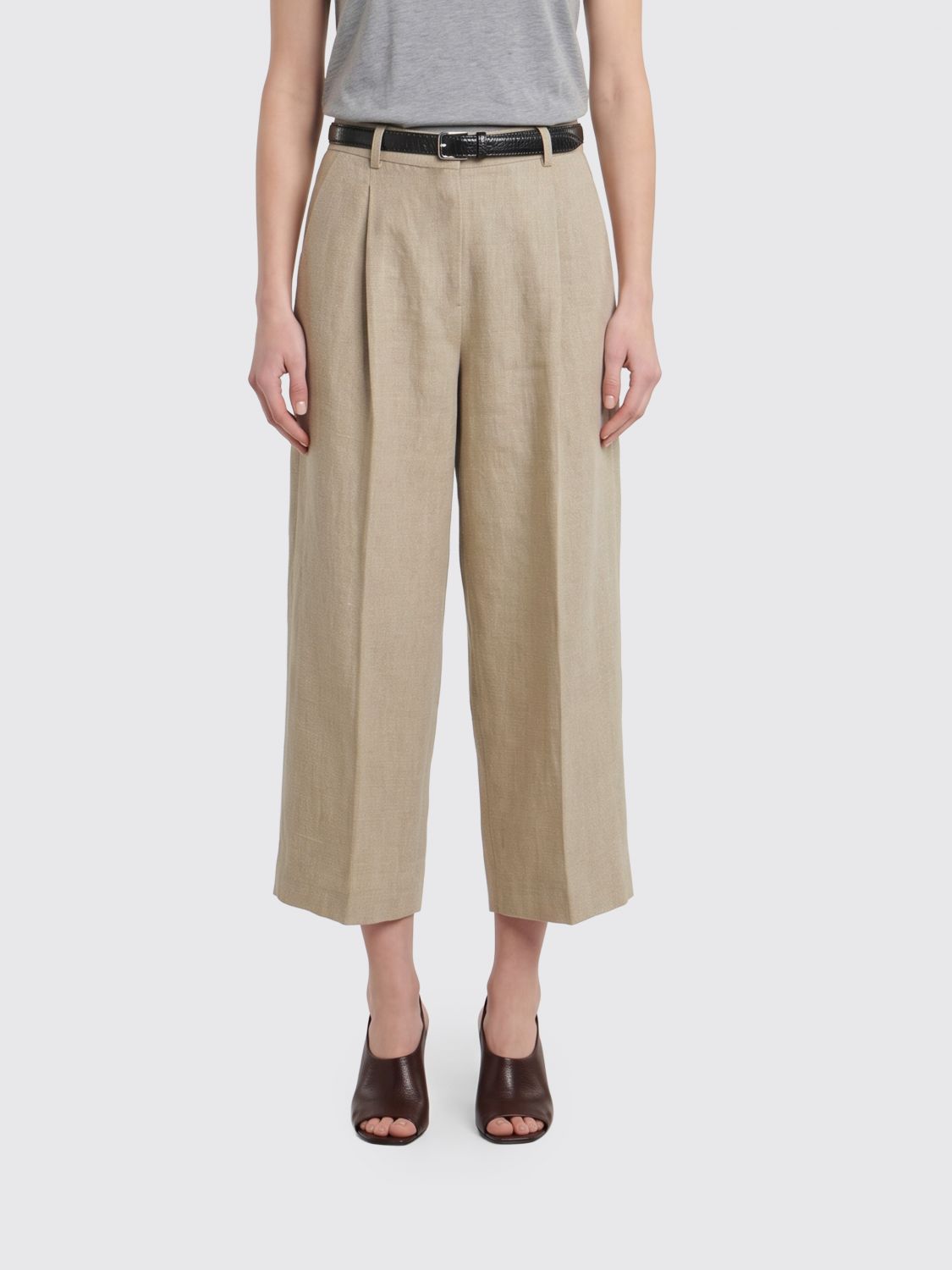 TOTEME High-Waisted Cropped Straight-Leg Trousers in Linen with Pleats