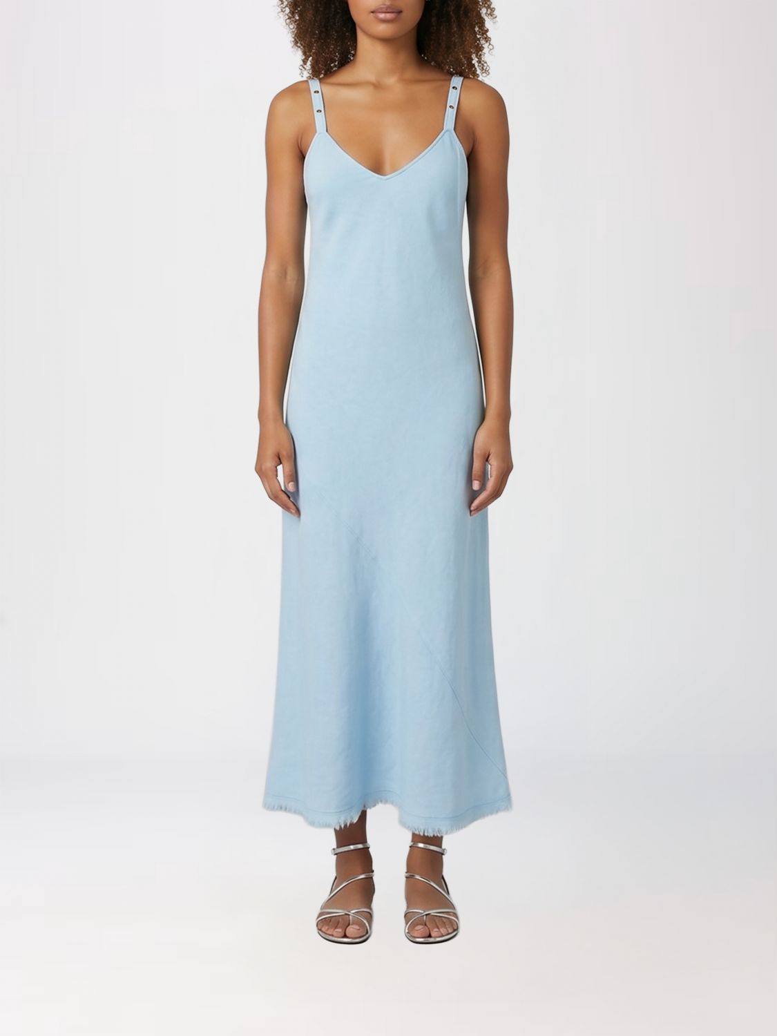 PINKO Long Slip Dress in Linen Blend with Thin Straps and Studs
