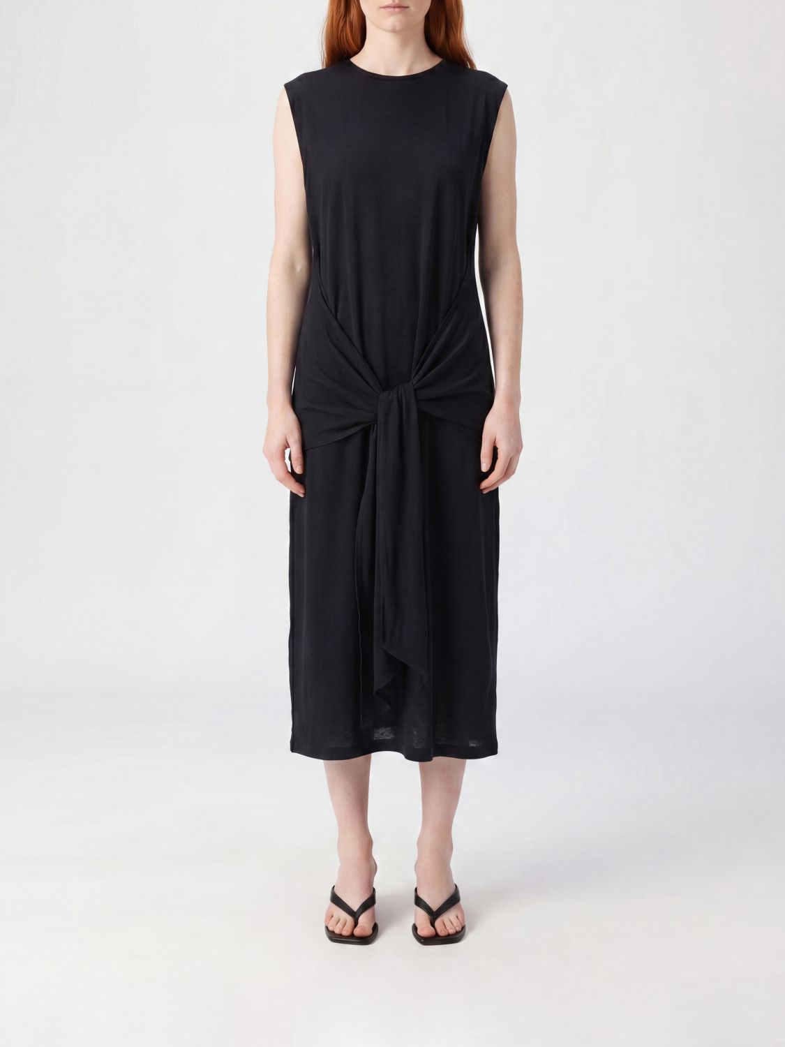 TOTEME Sleeveless Jersey Sheath Midi Dress with Waist Knot and Lace