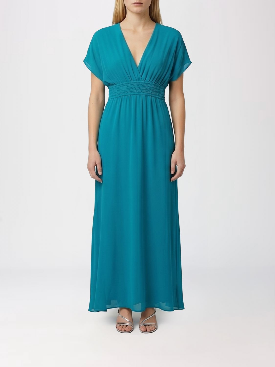 PINKO Garcina Long Caftan in Crêpe with V-Neck and Drawstring Waist