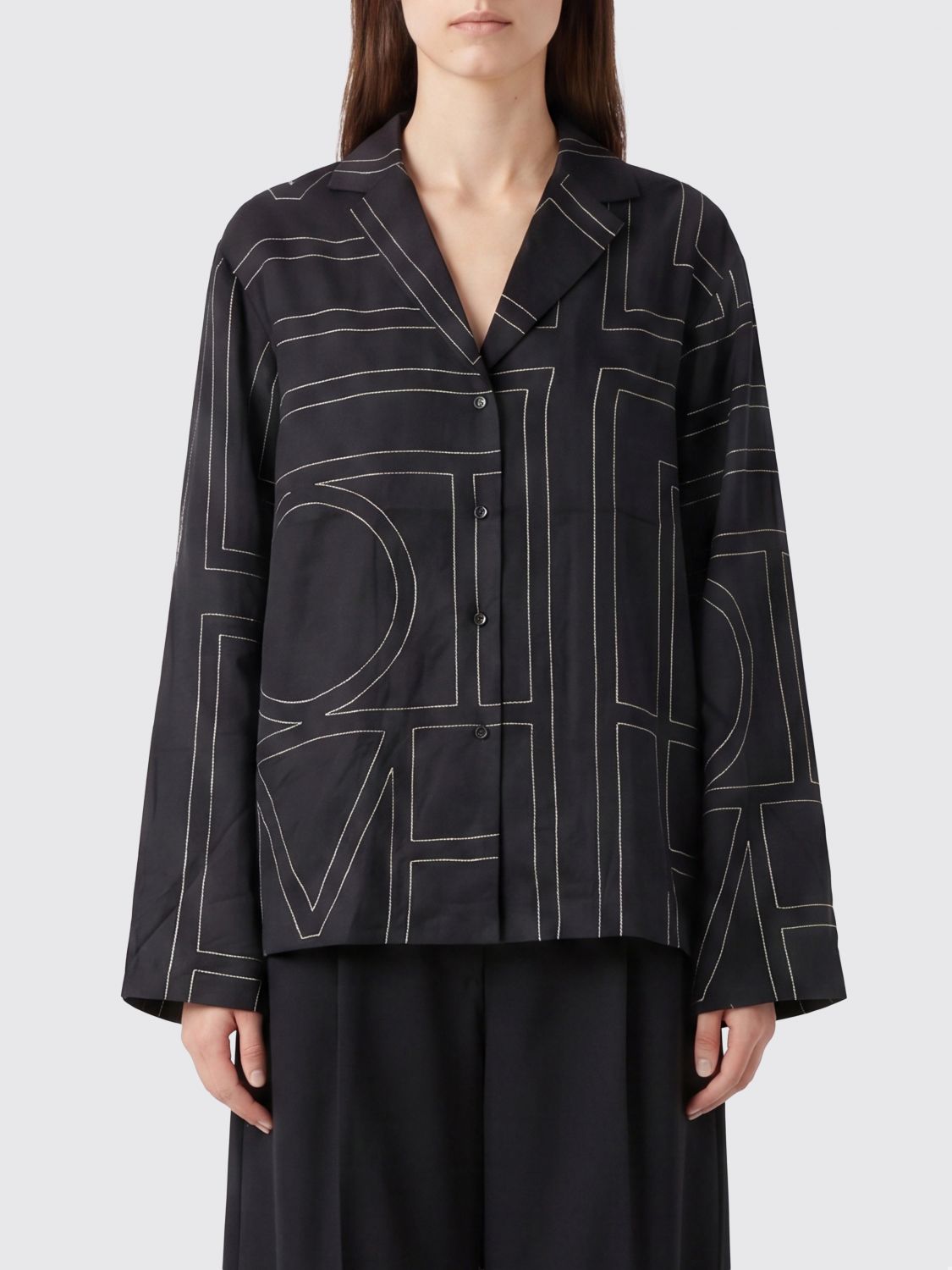 TOTEME Relaxed Fit Silk Pyjama Shirt with Monogram Print