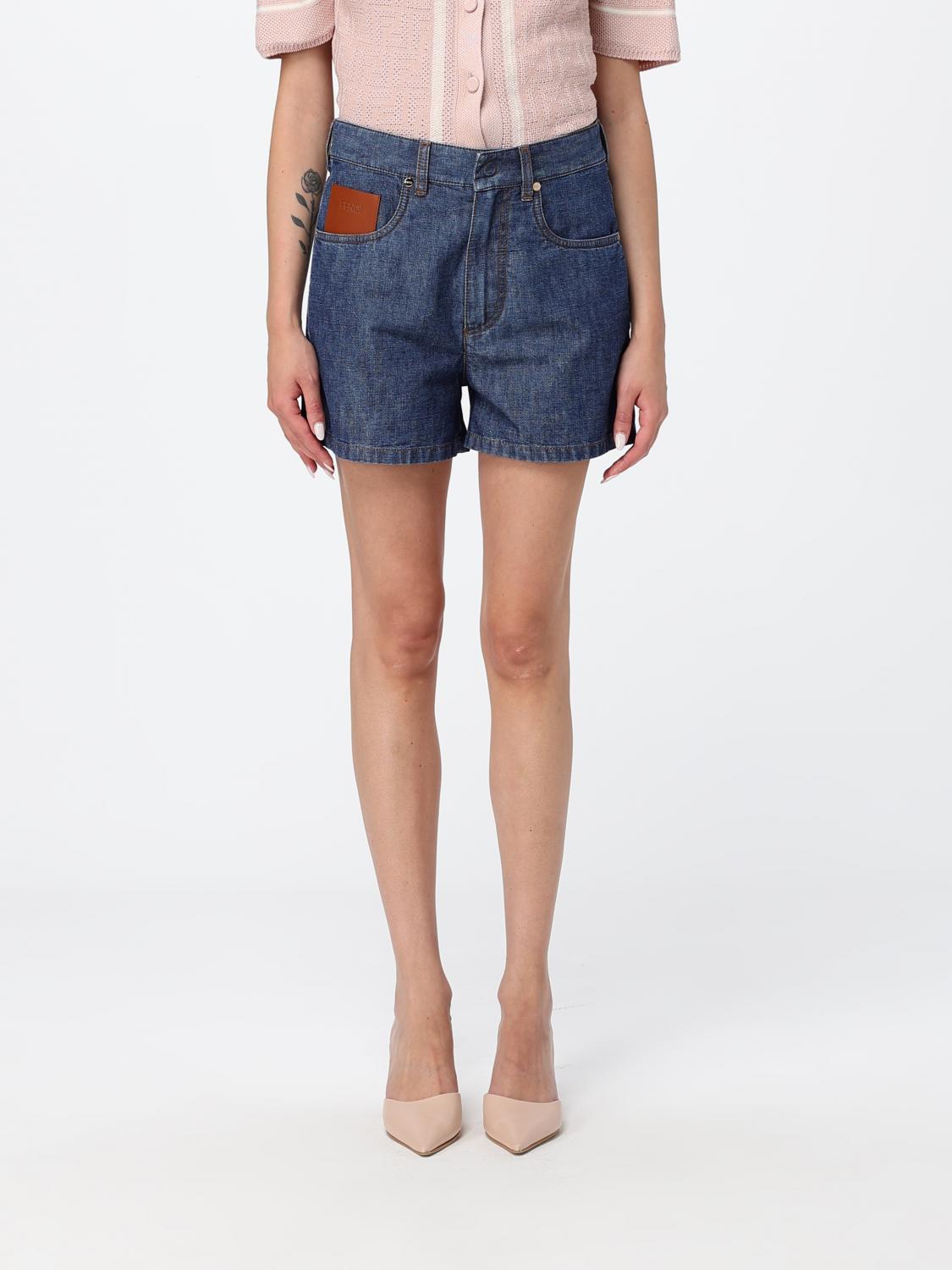 FENDI Shorts in denim di cotone a cinque tasche con logo a contrasto