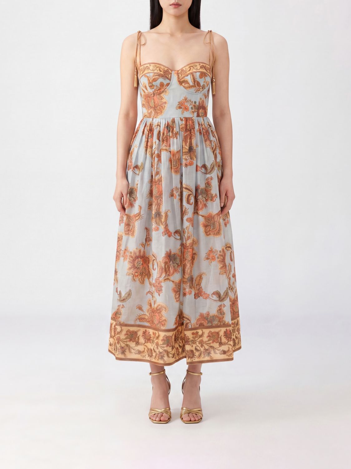 ZIMMERMANN Aster Floral Print Cotton Corset Midi Dress