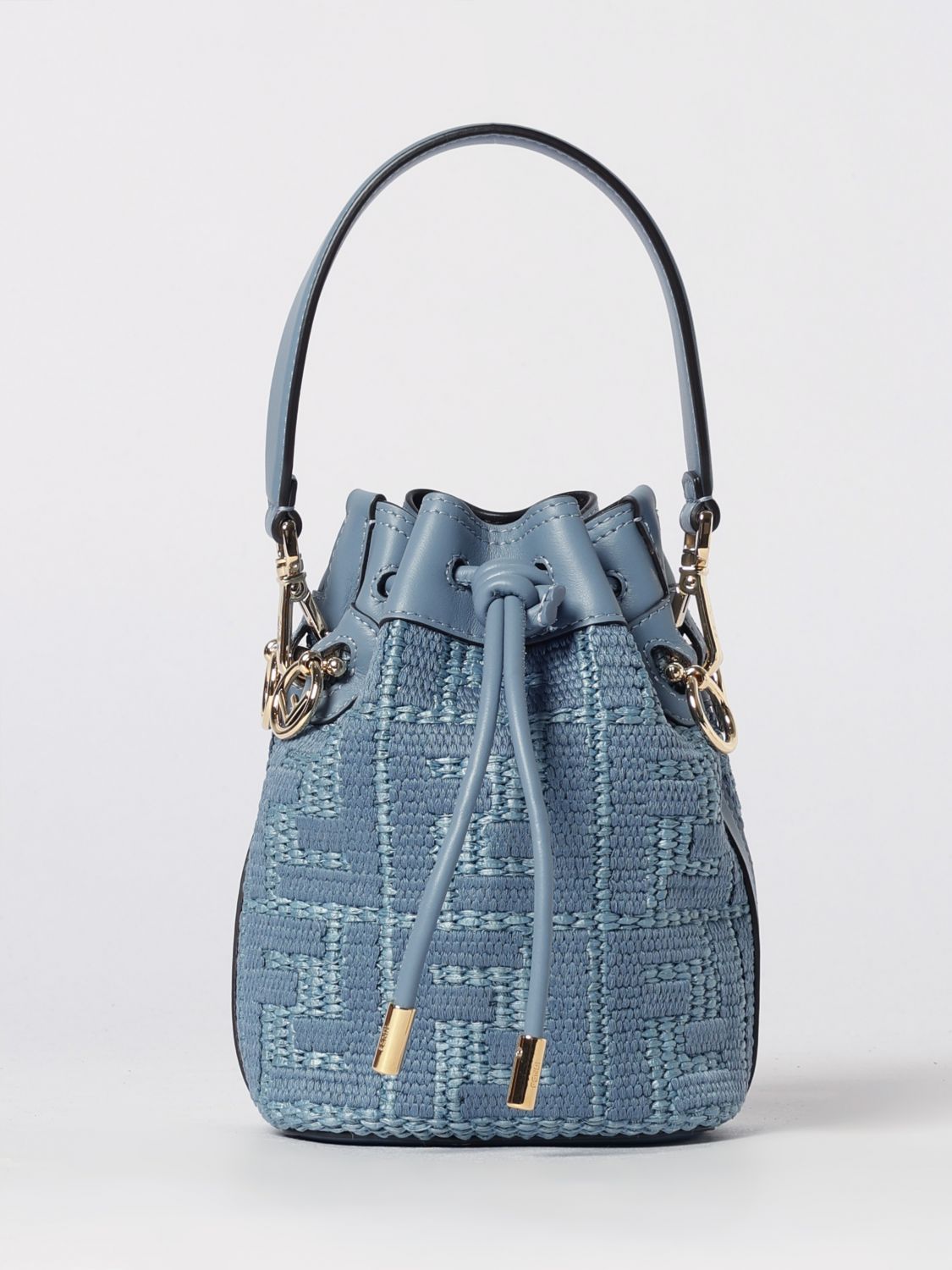 FENDI Mini borsa a secchiello Mon Tresor in rafia con monogram FF
