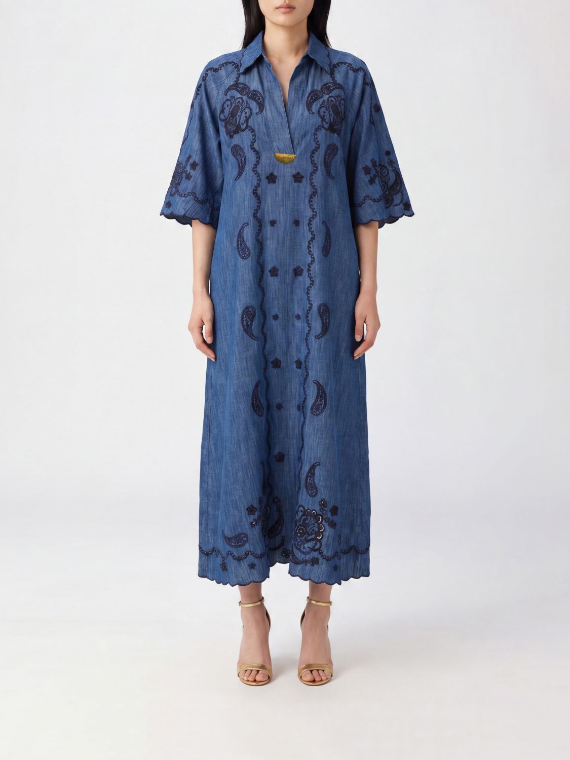 ZIMMERMANN Abito chemisier lungo Aster in denim di cotone ricamato